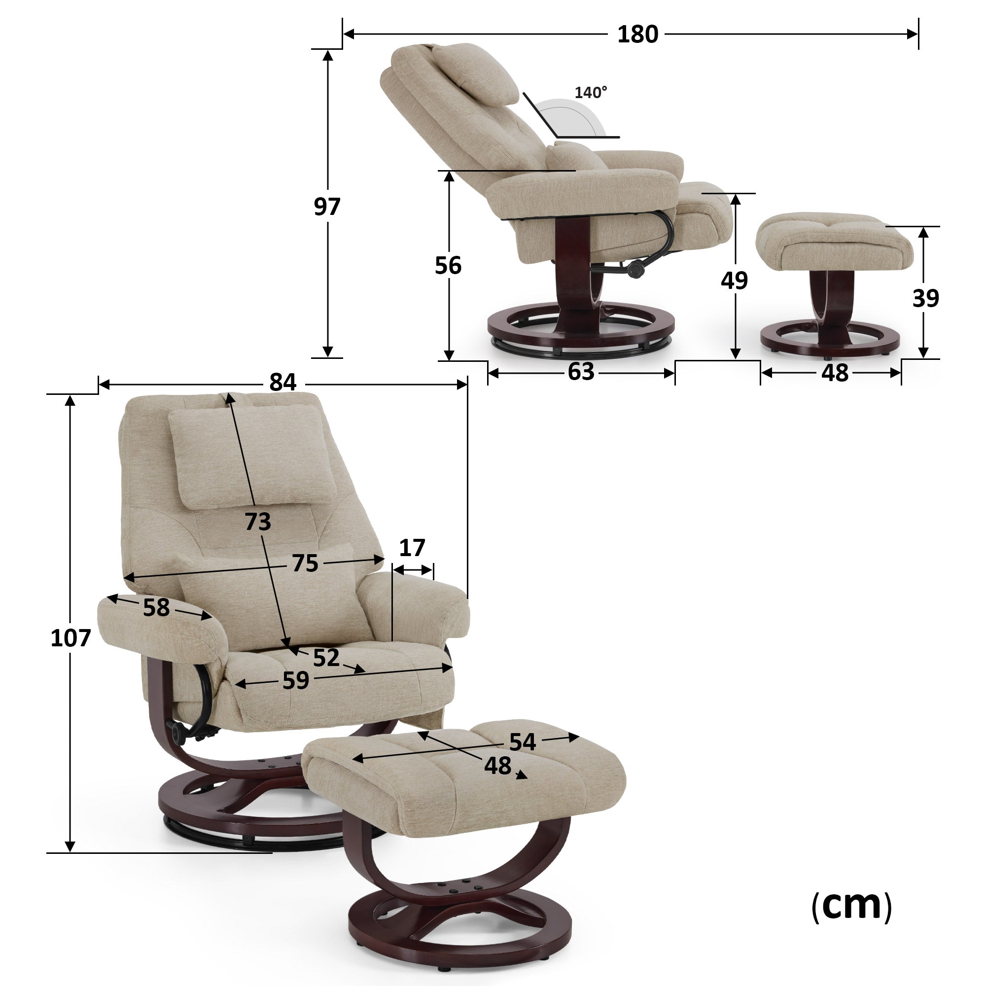 M MCombo Relaxsessel mit Liegefunktion, Lesesessel, 360° Drehbarer Fernsehsessel mit Hocker, mit Verstellbares Kopfkissen, Lendenkissen & Seitentasche, TV-Sessel für Wohnzimmer, 9046