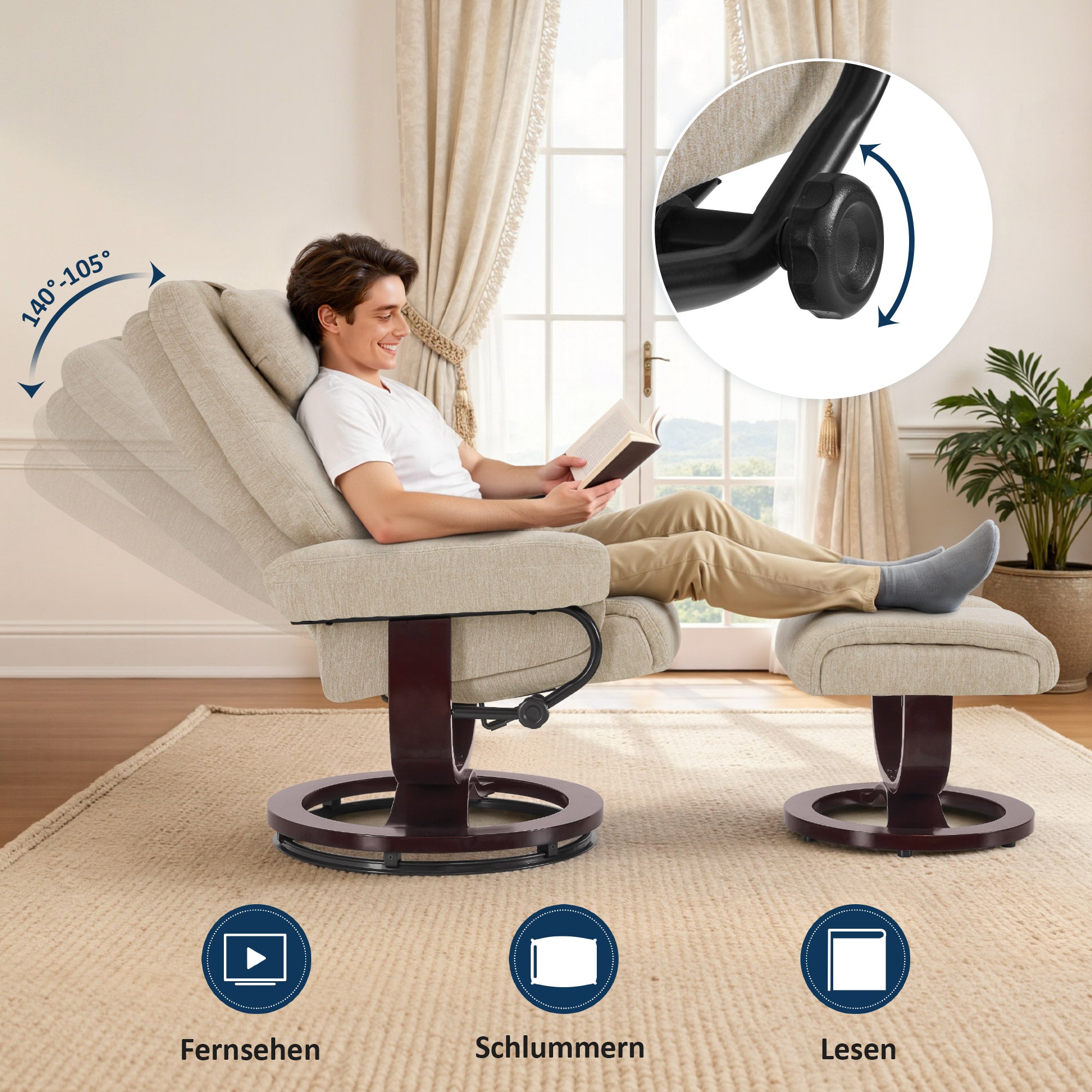 M MCombo Relaxsessel mit Liegefunktion, Lesesessel, 360° Drehbarer Fernsehsessel mit Hocker, mit Verstellbares Kopfkissen, Lendenkissen & Seitentasche, TV-Sessel für Wohnzimmer, 9046