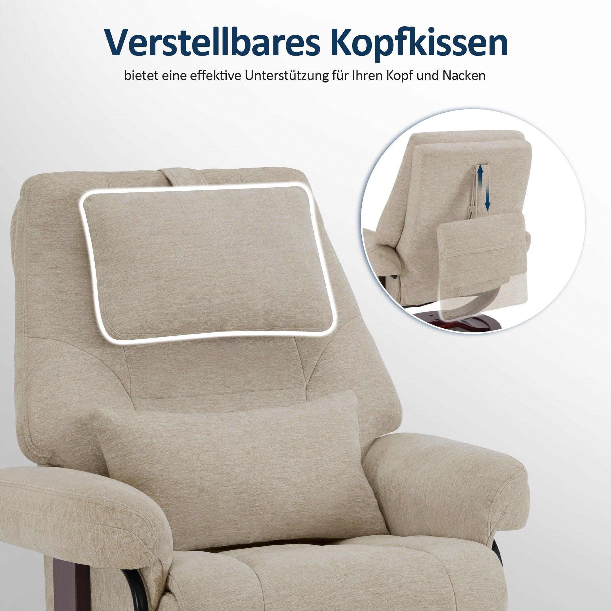 M MCombo Relaxsessel mit Liegefunktion, Lesesessel, 360° Drehbarer Fernsehsessel mit Hocker, mit Verstellbares Kopfkissen, Lendenkissen & Seitentasche, TV-Sessel für Wohnzimmer, 9046
