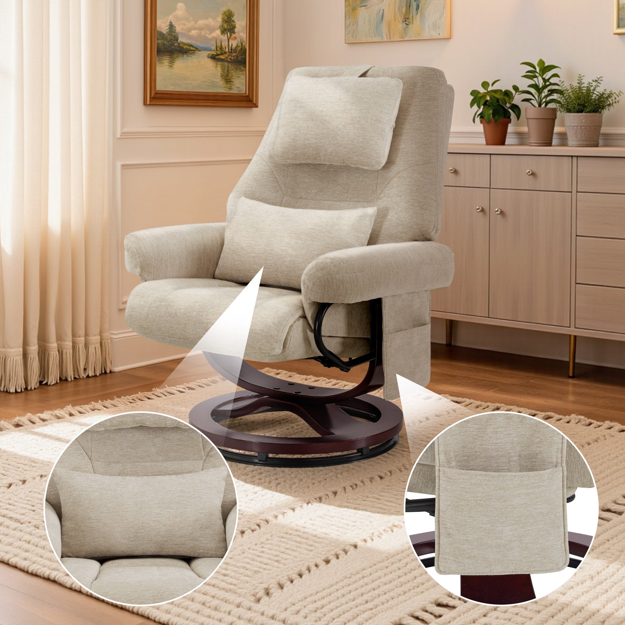 M MCombo Relaxsessel mit Liegefunktion, Lesesessel, 360° Drehbarer Fernsehsessel mit Hocker, mit Verstellbares Kopfkissen, Lendenkissen & Seitentasche, TV-Sessel für Wohnzimmer, 9046