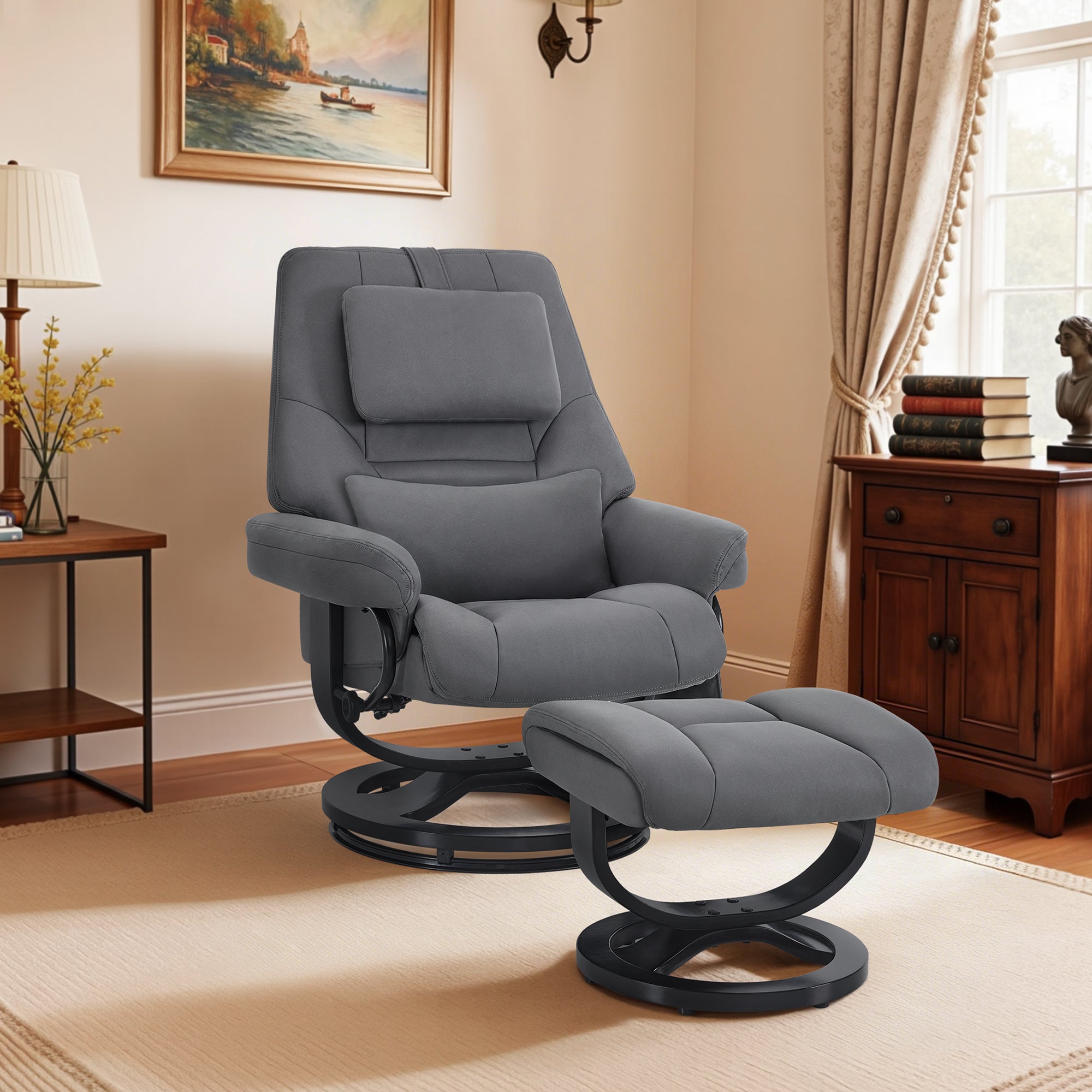 M MCombo Relaxsessel mit Liegefunktion, Lesesessel, 360° Drehbarer Fernsehsessel mit Hocker, mit Verstellbares Kopfkissen, Lendenkissen & Seitentasche, TV-Sessel für Wohnzimmer, 9046