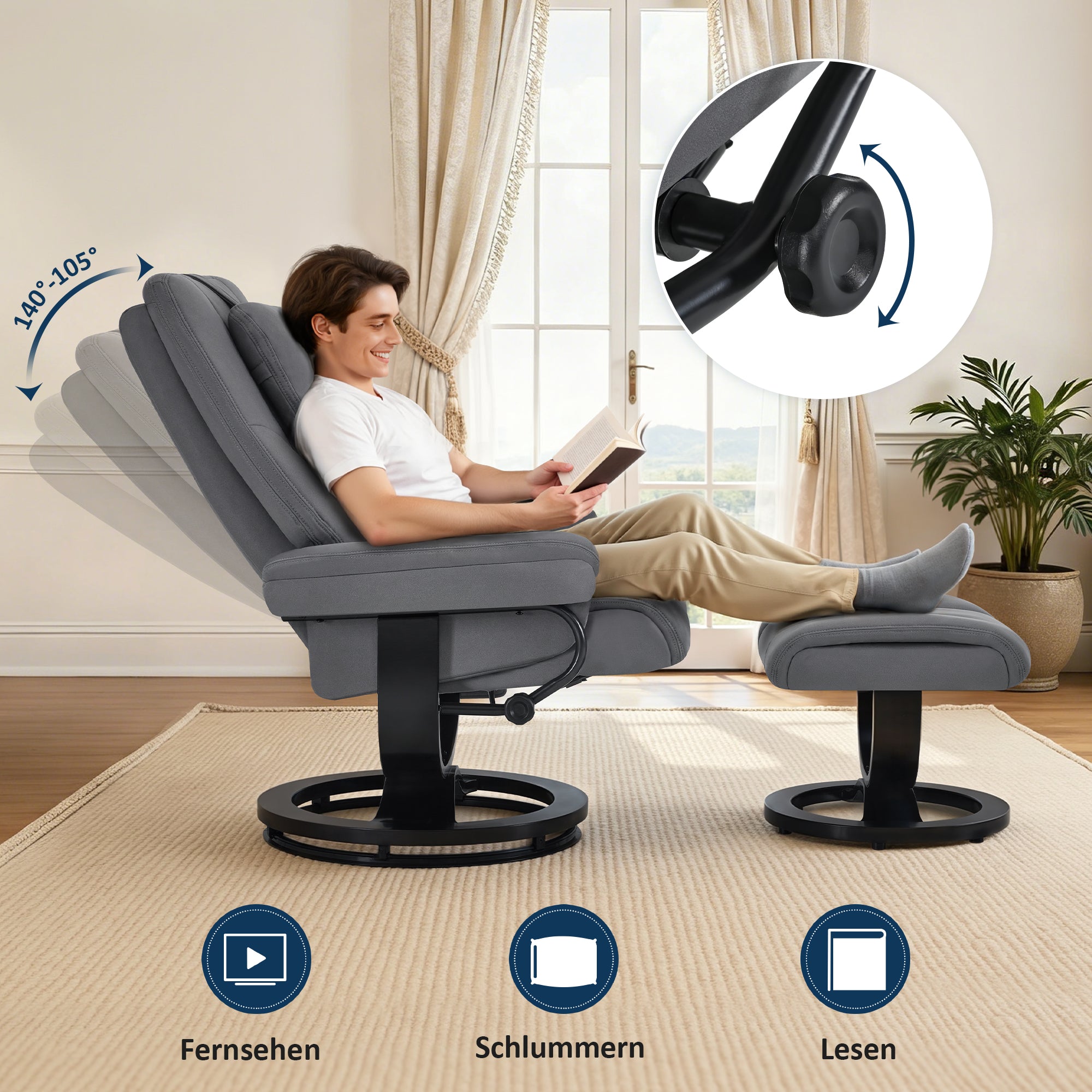 M MCombo Relaxsessel mit Liegefunktion, Lesesessel, 360° Drehbarer Fernsehsessel mit Hocker, mit Verstellbares Kopfkissen, Lendenkissen & Seitentasche, TV-Sessel für Wohnzimmer, 9046
