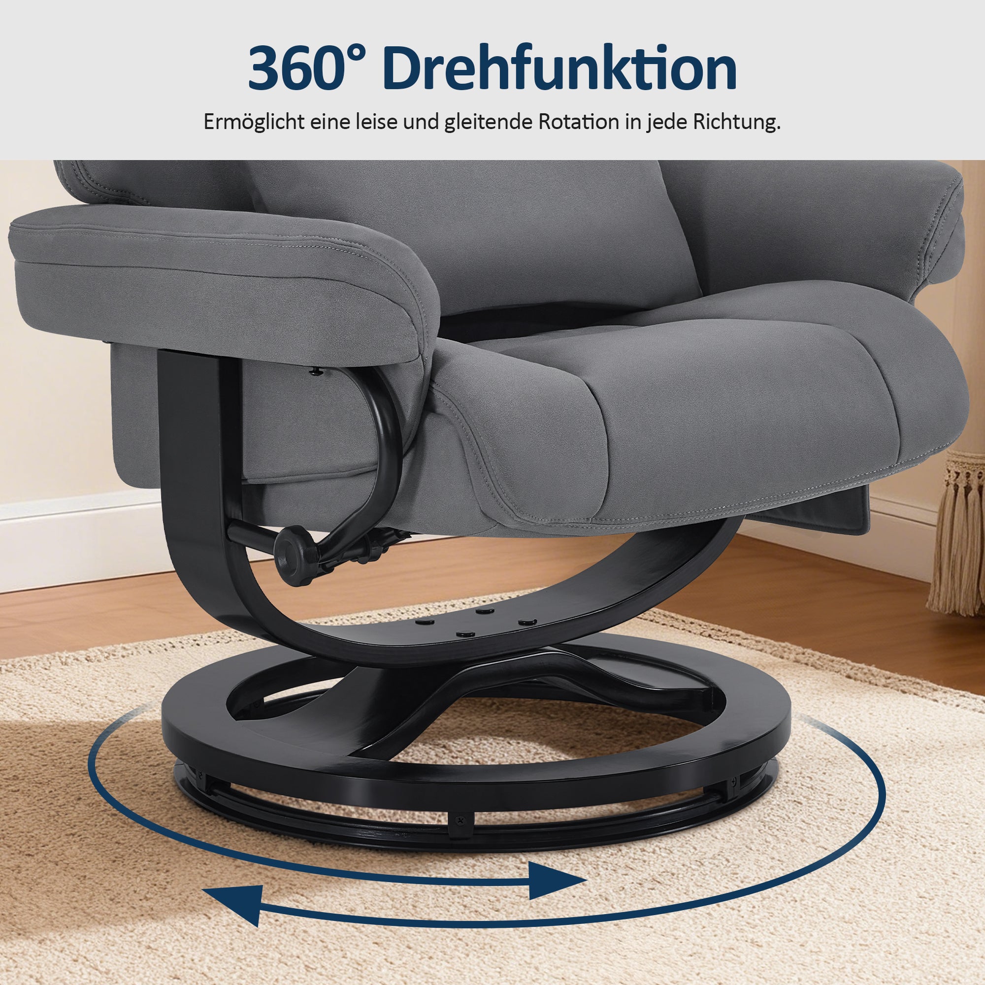 M MCombo Relaxsessel mit Liegefunktion, Lesesessel, 360° Drehbarer Fernsehsessel mit Hocker, mit Verstellbares Kopfkissen, Lendenkissen & Seitentasche, TV-Sessel für Wohnzimmer, 9046