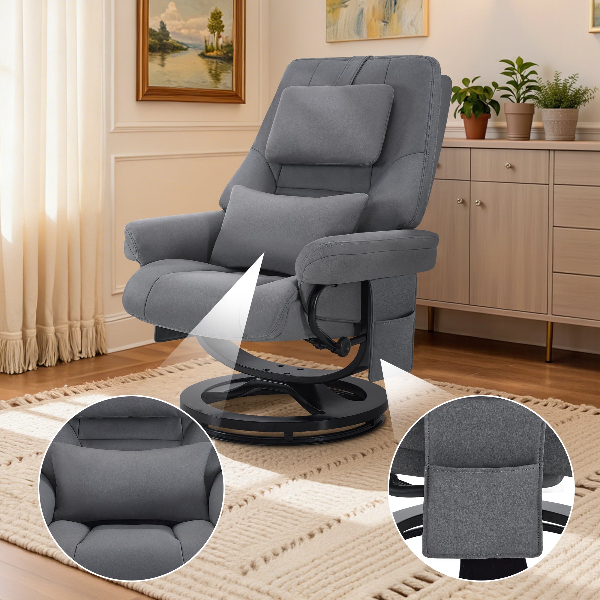 M MCombo Relaxsessel mit Liegefunktion, Lesesessel, 360° Drehbarer Fernsehsessel mit Hocker, mit Verstellbares Kopfkissen, Lendenkissen & Seitentasche, TV-Sessel für Wohnzimmer, 9046