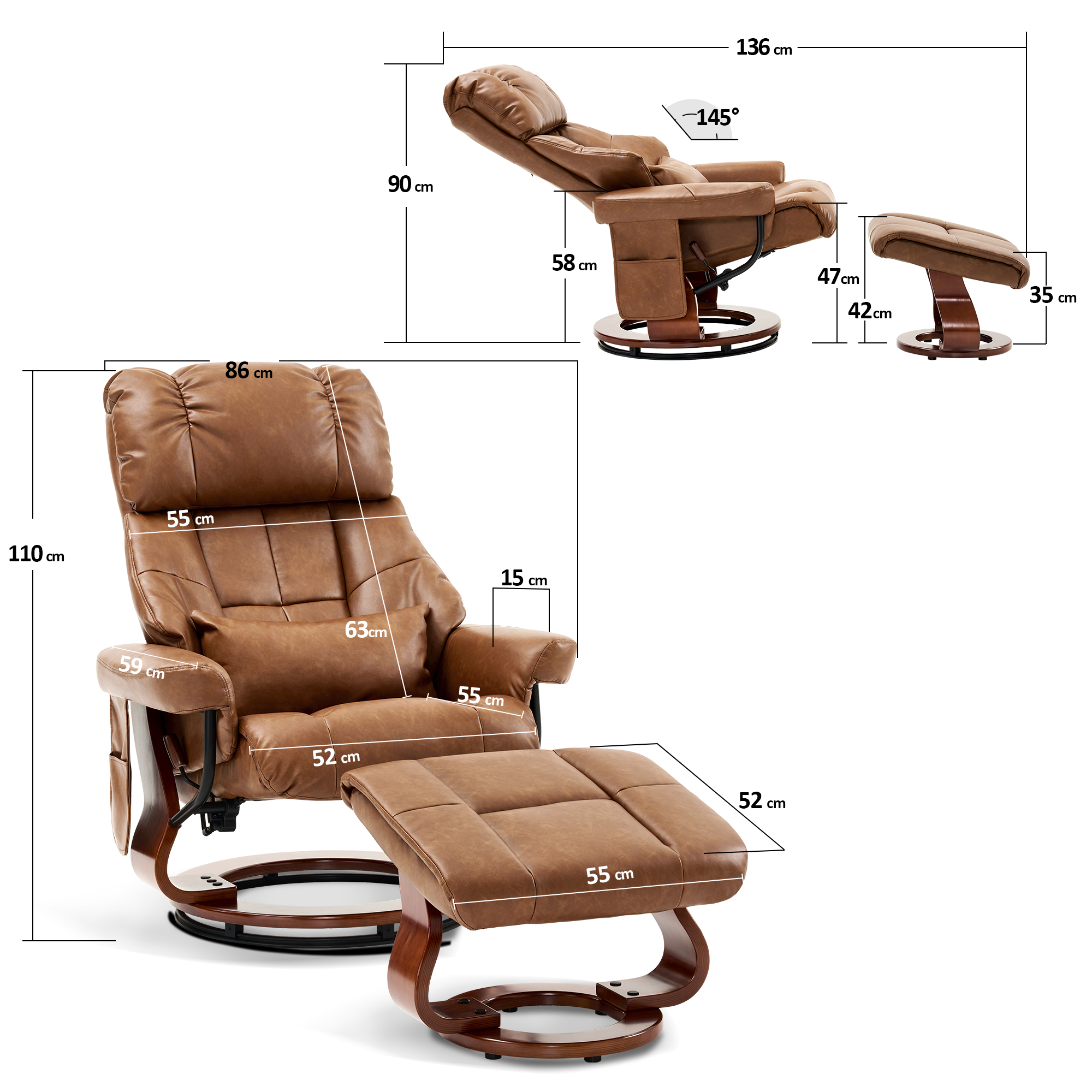 M MCombo Relaxing Chair with Stool, 360° Rotating TV Chair with Reclining Function, Load Capacity up to 120 kg, Modern Recliner Chair for the Living Room, 9066