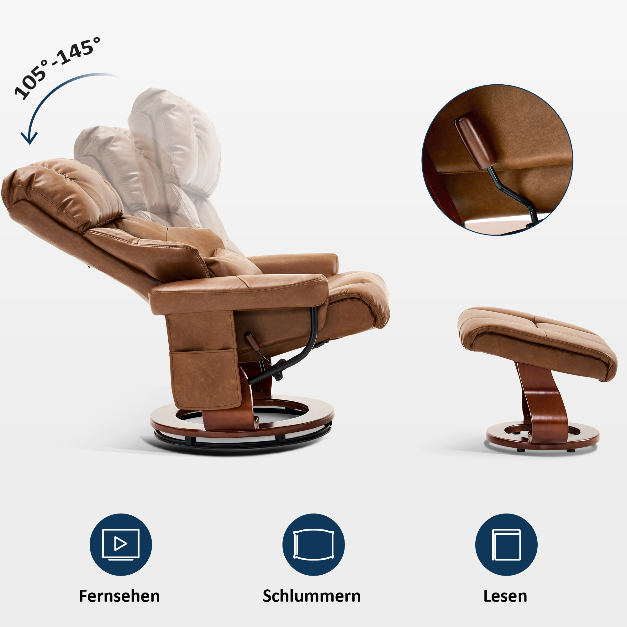 M MCombo Relaxing Chair with Stool, 360° Rotating TV Chair with Reclining Function, Load Capacity up to 120 kg, Modern Recliner Chair for the Living Room, 9066