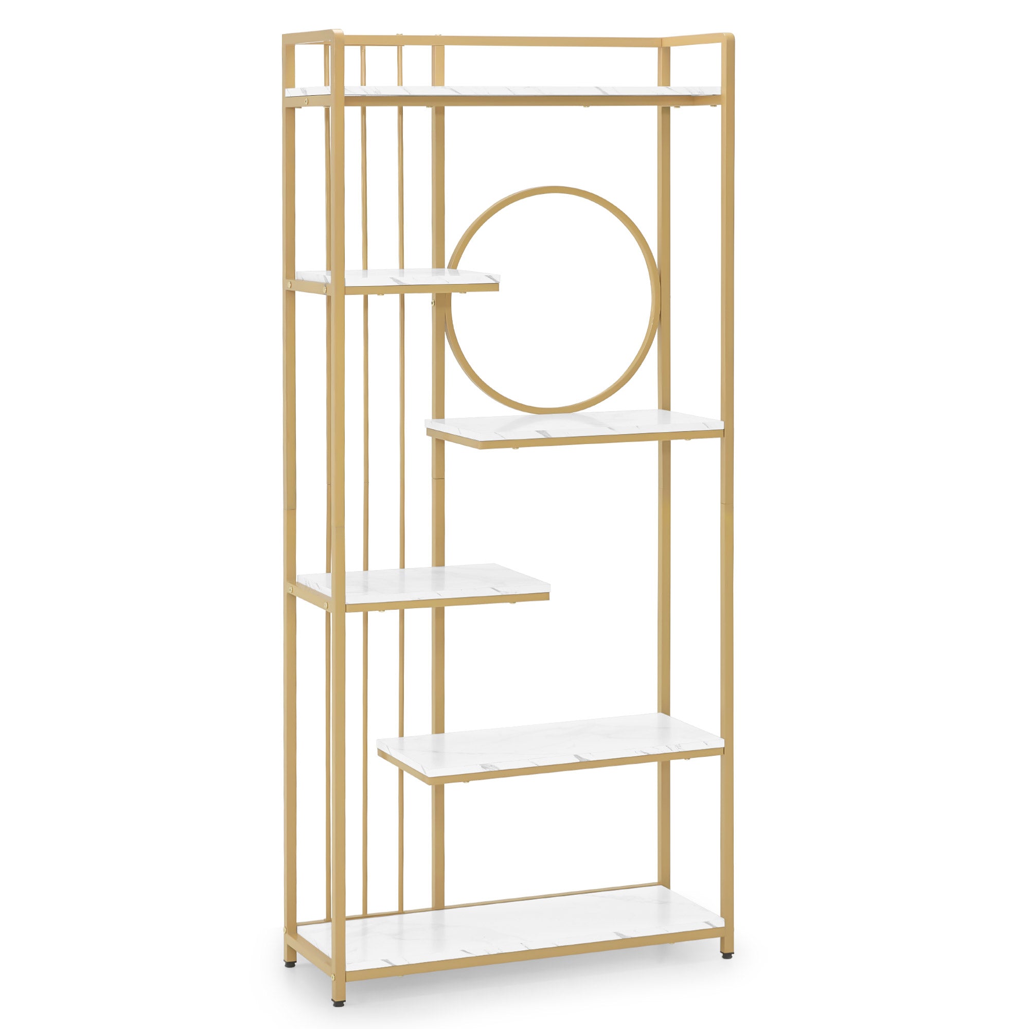M MCombo Bookcase, 6-Tier Standing Shelf, Office Shelf with Metal Frame, Shelf for Office, Living Room, Bedroom, Kitchen, Nail Salon, Marble White Gold, 30x80x180cm, 5180