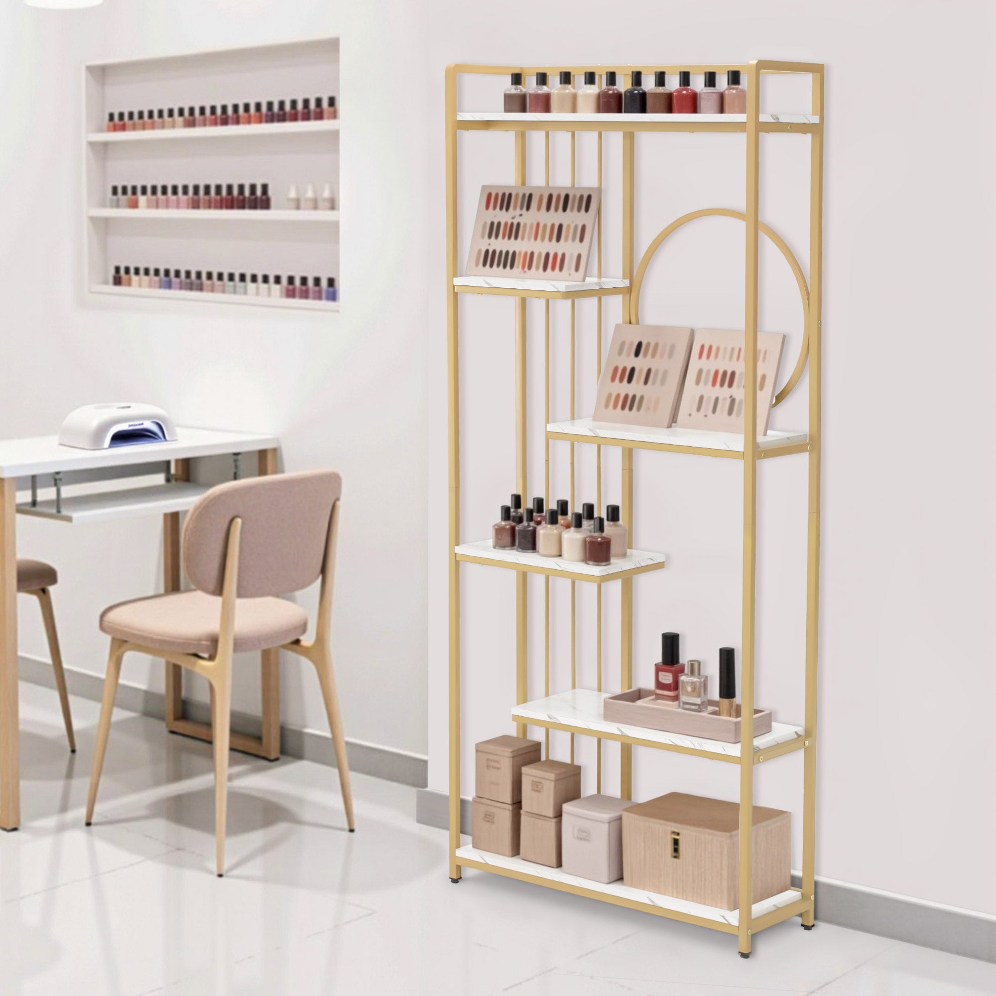 M MCombo Bookcase, 6-Tier Standing Shelf, Office Shelf with Metal Frame, Shelf for Office, Living Room, Bedroom, Kitchen, Nail Salon, Marble White Gold, 30x80x180cm, 5180