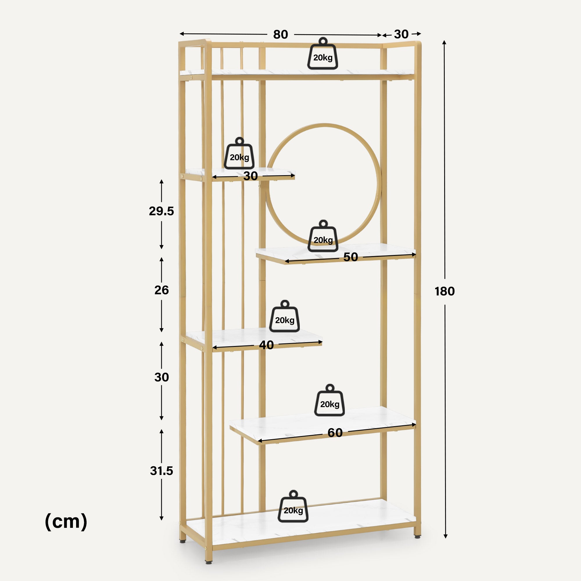 M MCombo Bookcase, 6-Tier Standing Shelf, Office Shelf with Metal Frame, Shelf for Office, Living Room, Bedroom, Kitchen, Nail Salon, Marble White Gold, 30x80x180cm, 5180