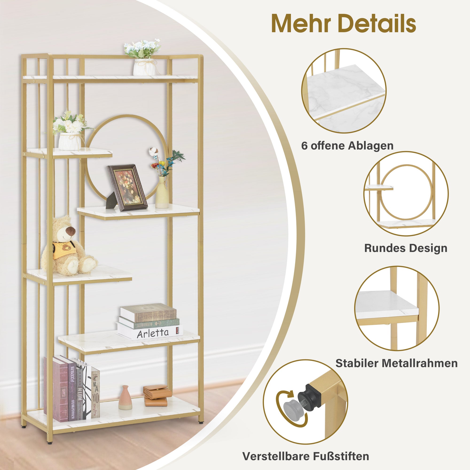 M MCombo Bookcase, 6-Tier Standing Shelf, Office Shelf with Metal Frame, Shelf for Office, Living Room, Bedroom, Kitchen, Nail Salon, Marble White Gold, 30x80x180cm, 5180