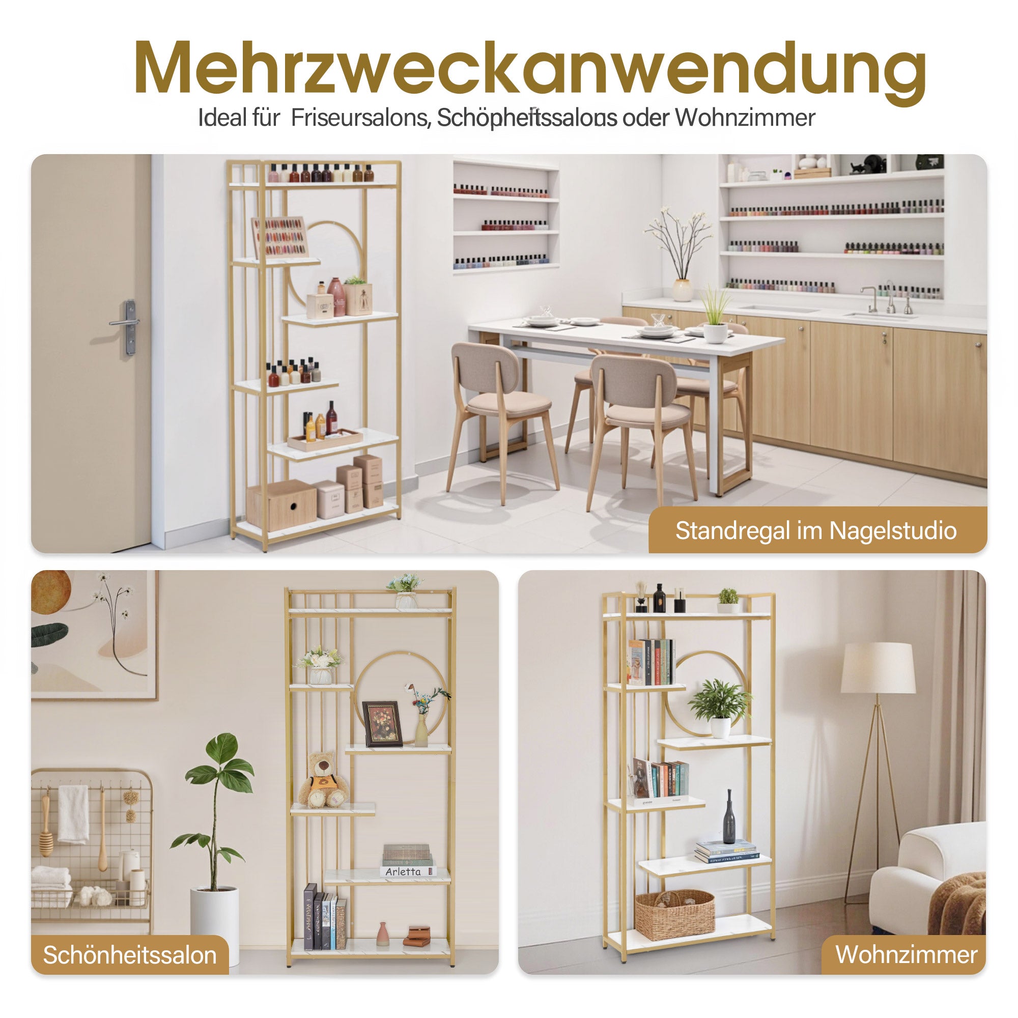 M MCombo Bookcase, 6-Tier Standing Shelf, Office Shelf with Metal Frame, Shelf for Office, Living Room, Bedroom, Kitchen, Nail Salon, Marble White Gold, 30x80x180cm, 5180