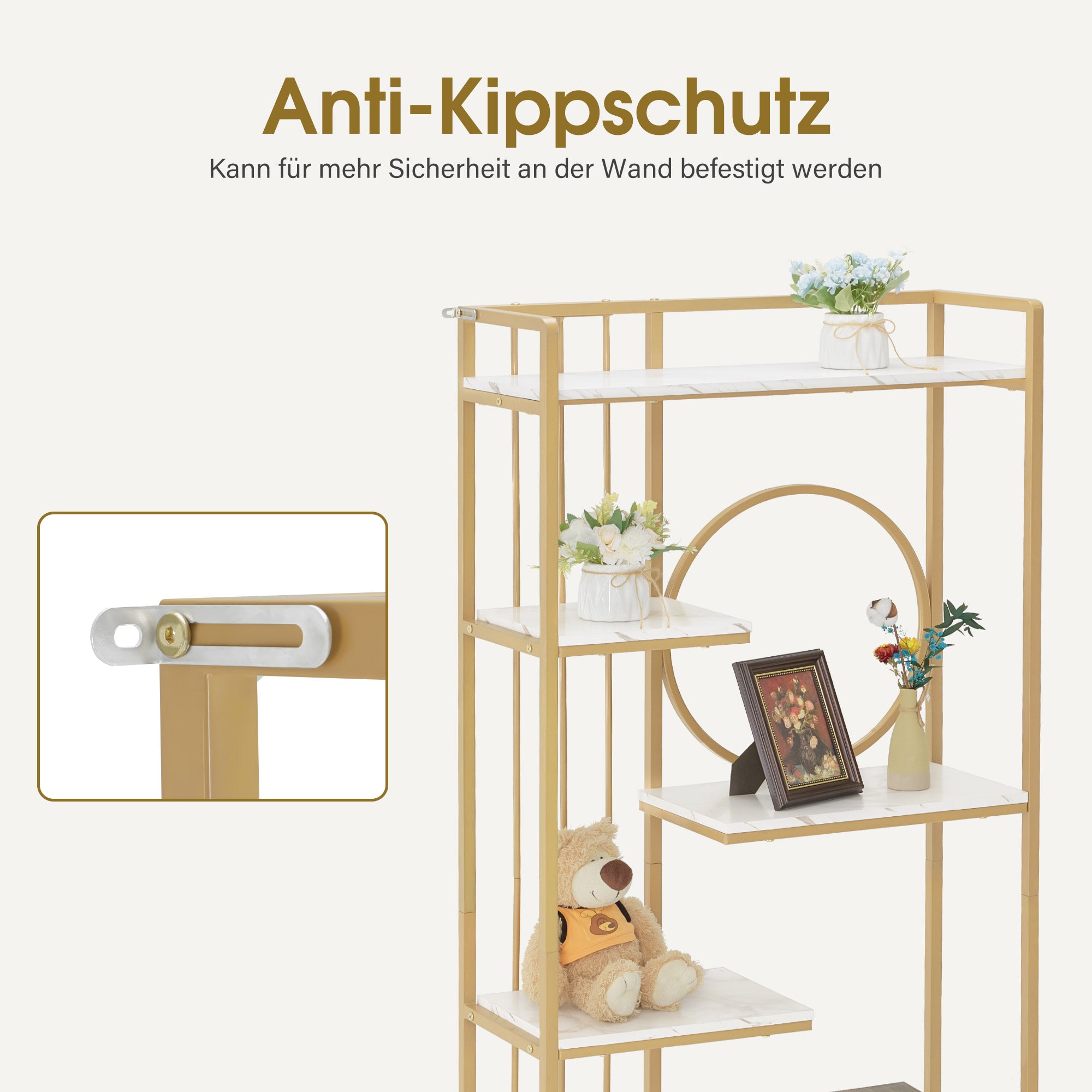 M MCombo Bookcase, 6-Tier Standing Shelf, Office Shelf with Metal Frame, Shelf for Office, Living Room, Bedroom, Kitchen, Nail Salon, Marble White Gold, 30x80x180cm, 5180