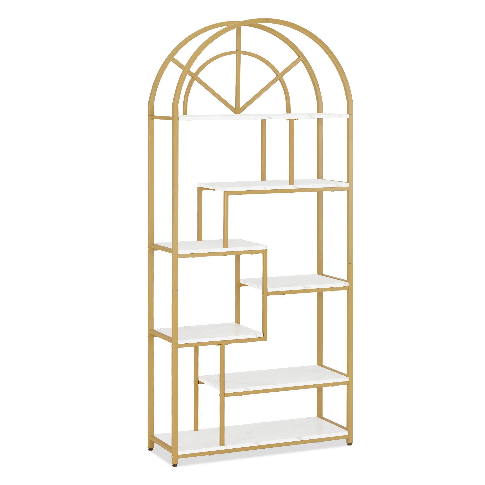 M MCombo Bookcase, 7-Tier Standing Shelf, Office Shelf with Metal Frame, Shelf for Office, Living Room, Bedroom, Kitchen, Nail Salon, Marble White Gold, 30x80x180cm, 5183