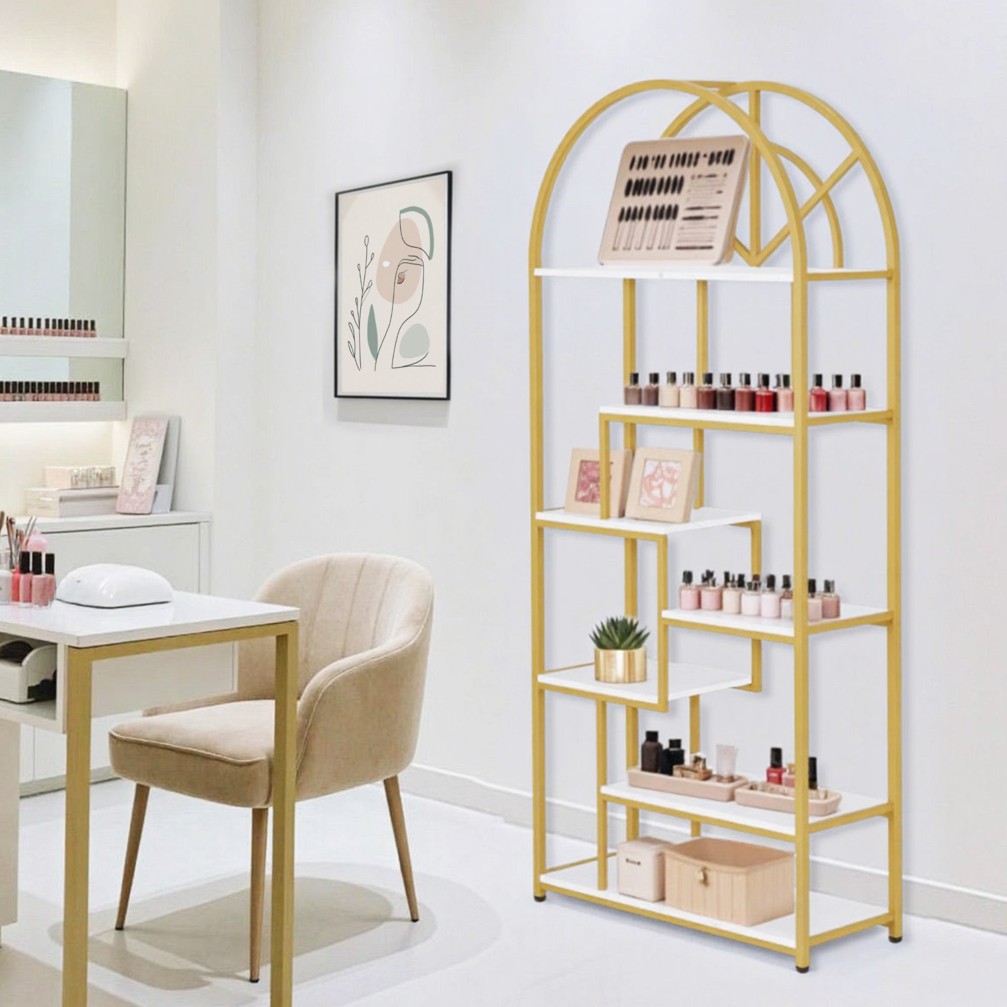 M MCombo Bookcase, 7-Tier Standing Shelf, Office Shelf with Metal Frame, Shelf for Office, Living Room, Bedroom, Kitchen, Nail Salon, Marble White Gold, 30x80x180cm, 5183