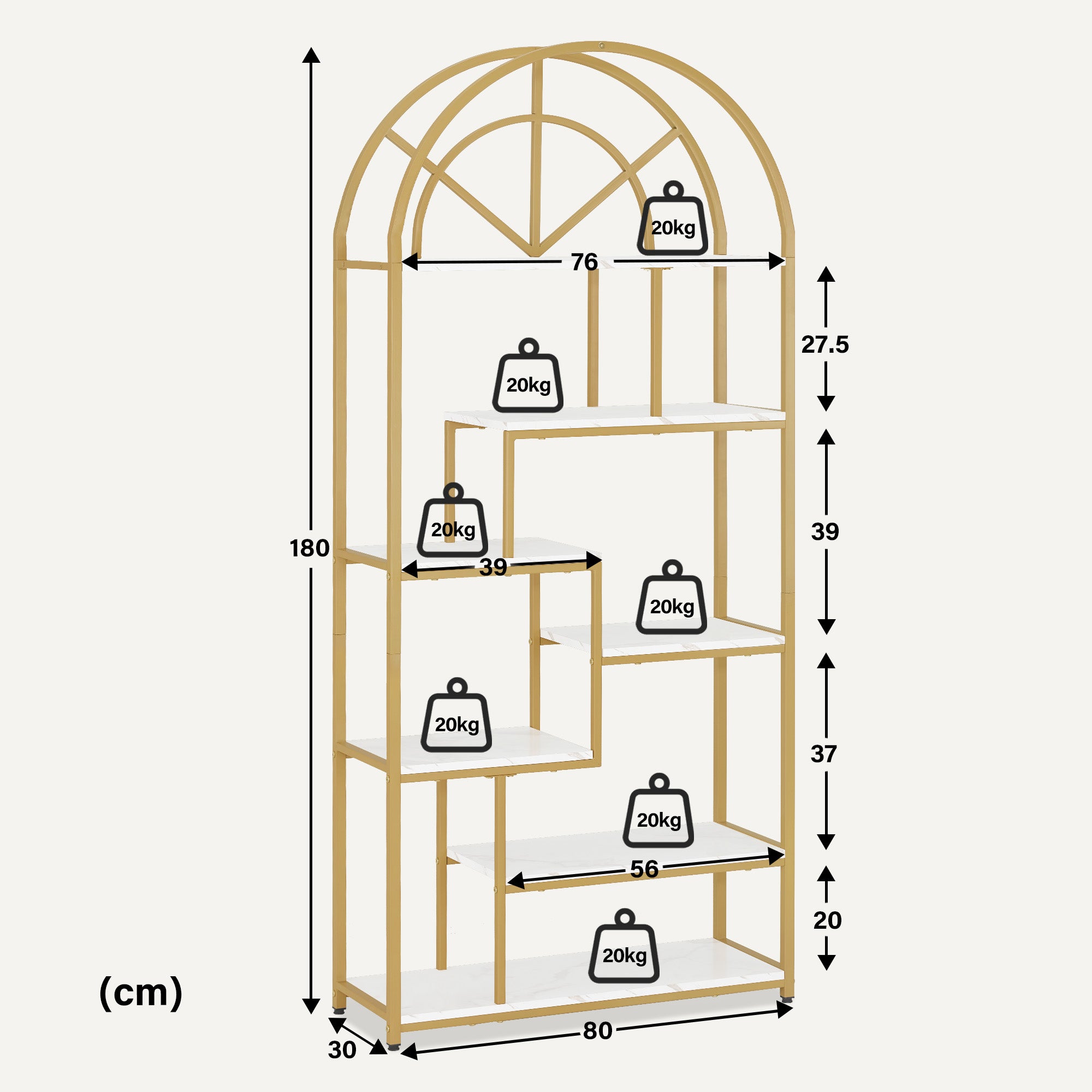 M MCombo Bookcase, 7-Tier Standing Shelf, Office Shelf with Metal Frame, Shelf for Office, Living Room, Bedroom, Kitchen, Nail Salon, Marble White Gold, 30x80x180cm, 5183