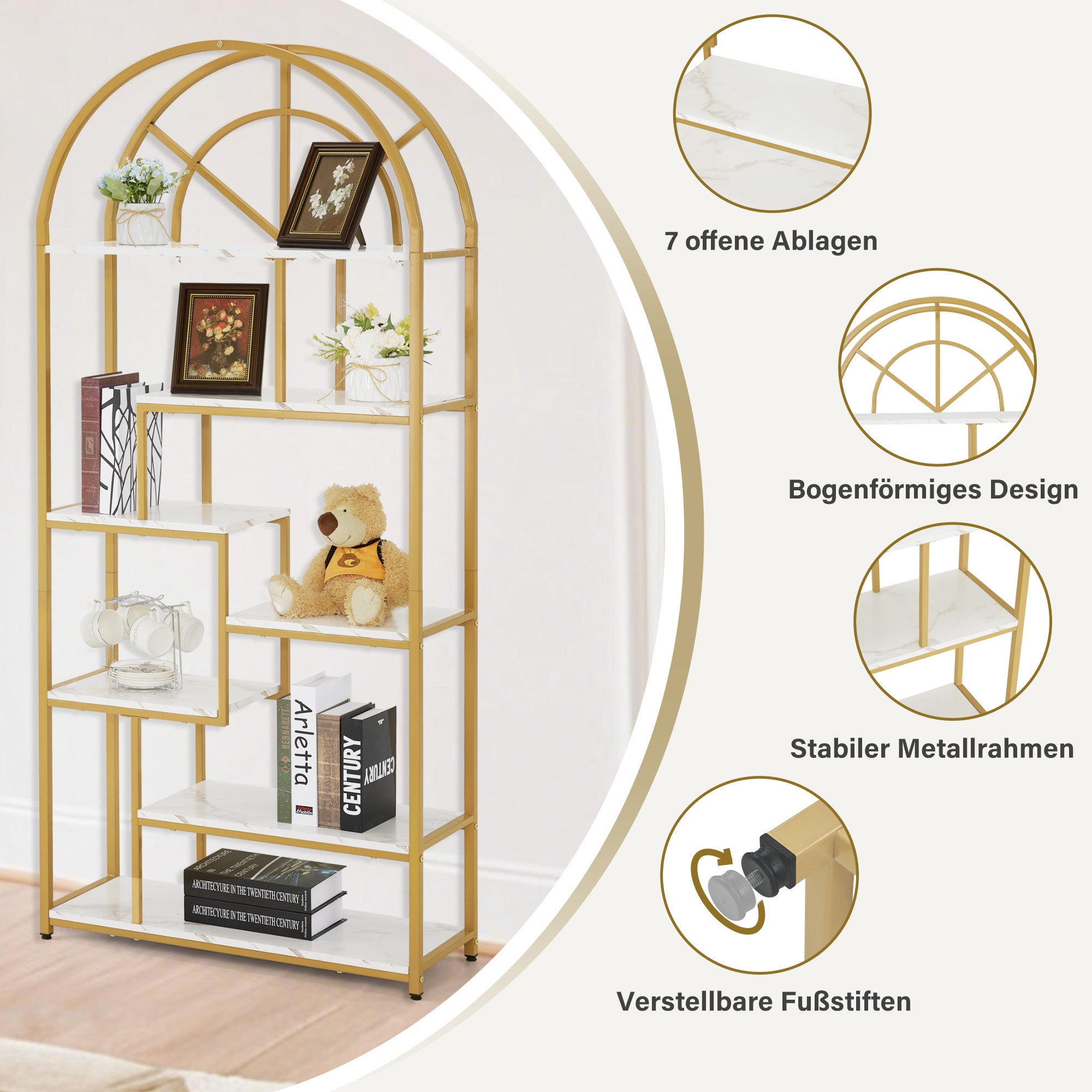 M MCombo Bookcase, 7-Tier Standing Shelf, Office Shelf with Metal Frame, Shelf for Office, Living Room, Bedroom, Kitchen, Nail Salon, Marble White Gold, 30x80x180cm, 5183