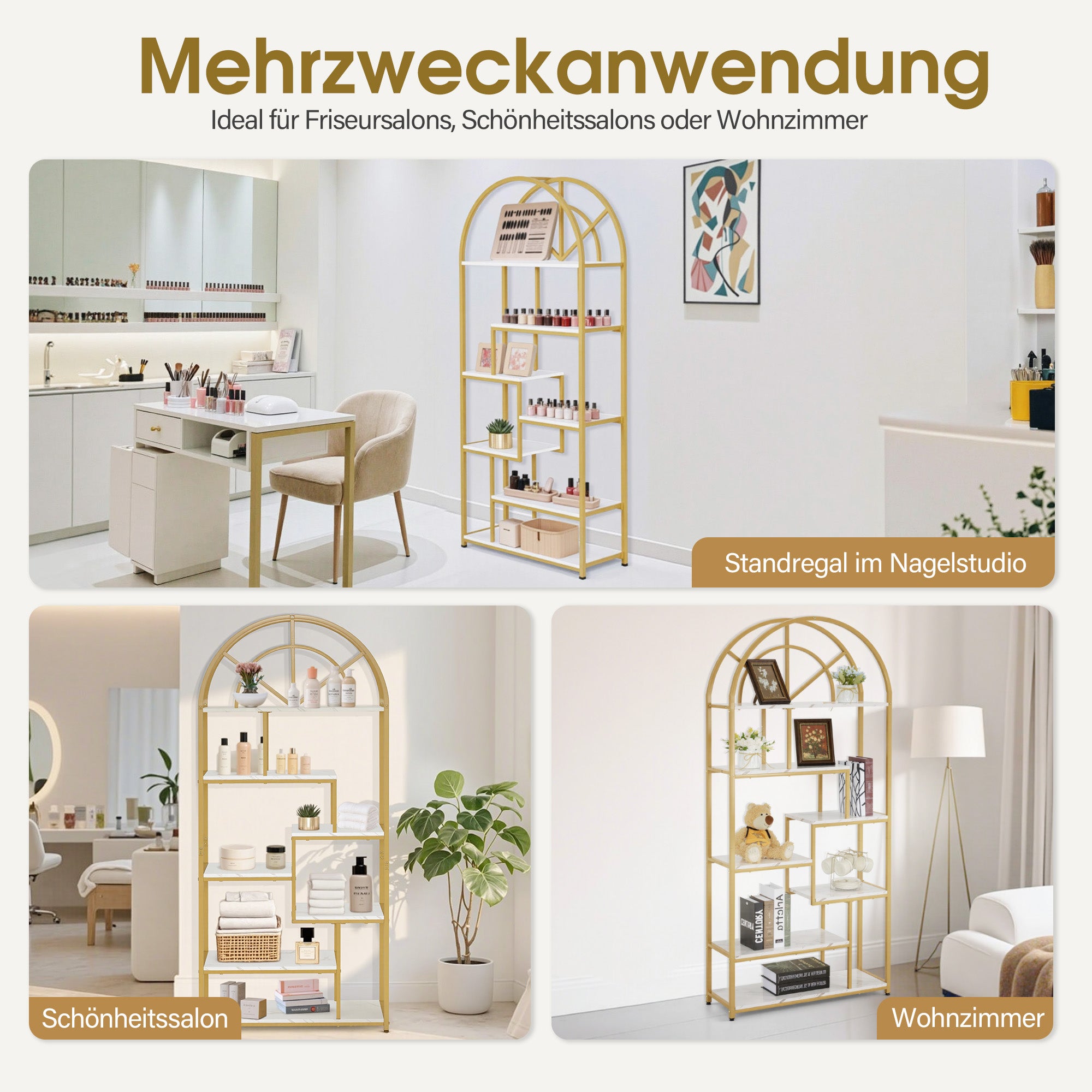 M MCombo Bookcase, 7-Tier Standing Shelf, Office Shelf with Metal Frame, Shelf for Office, Living Room, Bedroom, Kitchen, Nail Salon, Marble White Gold, 30x80x180cm, 5183