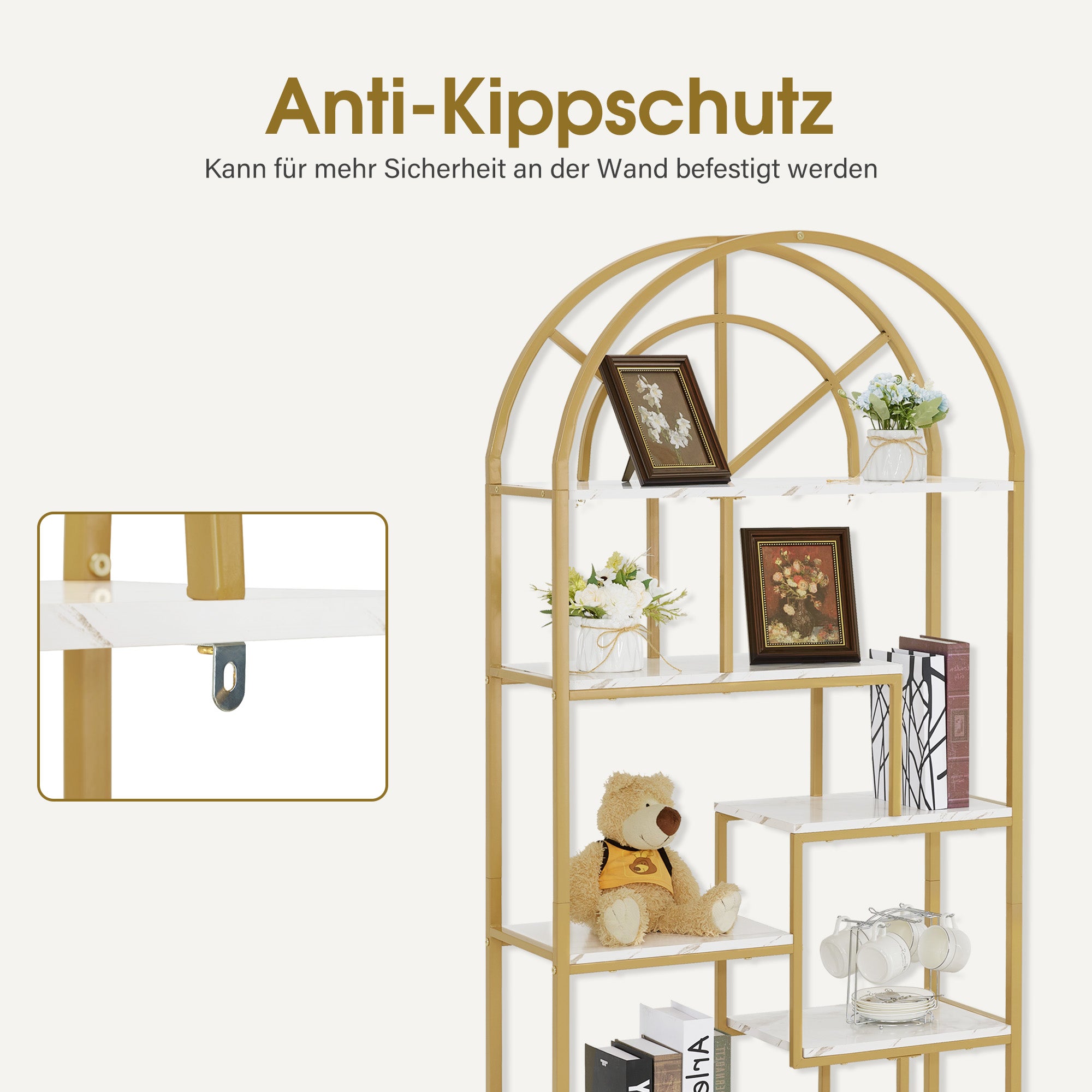 M MCombo Bookcase, 7-Tier Standing Shelf, Office Shelf with Metal Frame, Shelf for Office, Living Room, Bedroom, Kitchen, Nail Salon, Marble White Gold, 30x80x180cm, 5183