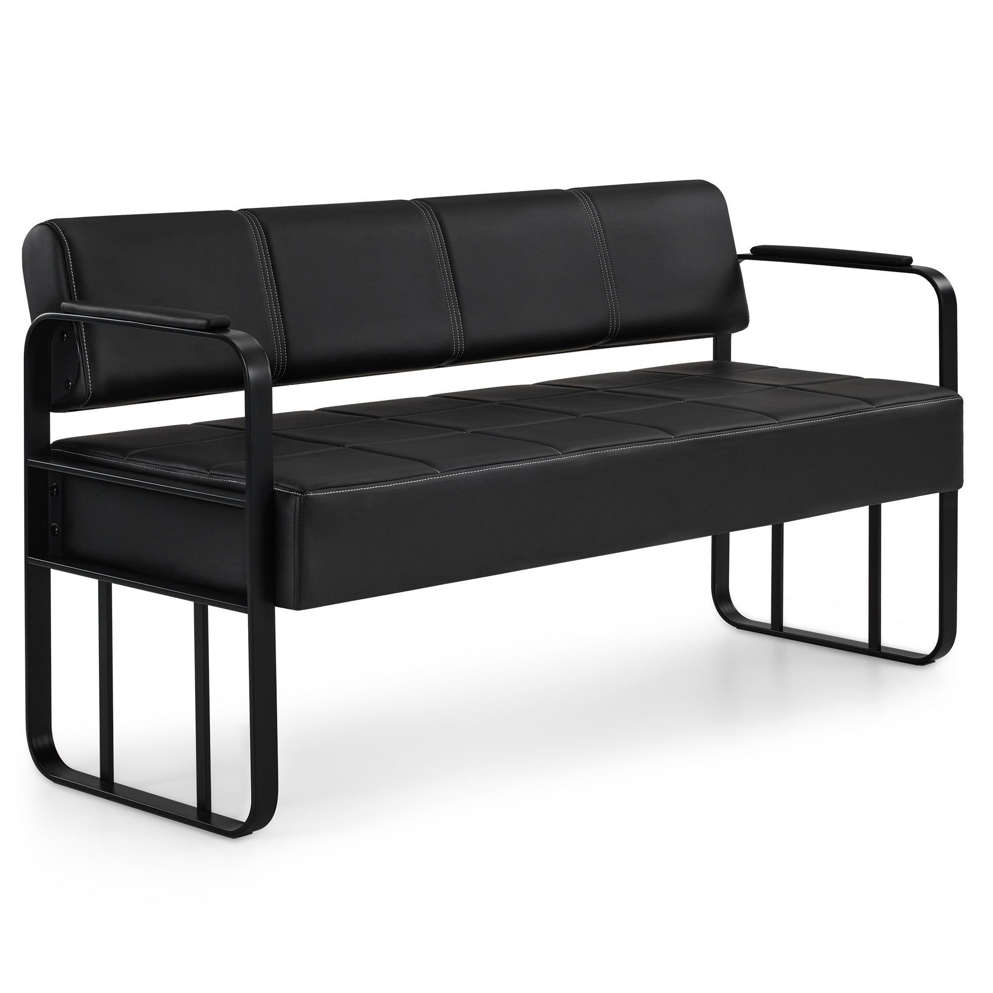 Banc 3 places MCombo avec accoudoirs dorés, banc rembourré avec dossier 140cm, banc d'attente coiffeur, banc de salon, meuble de coiffure L528 (noir-or/simili cuir)
