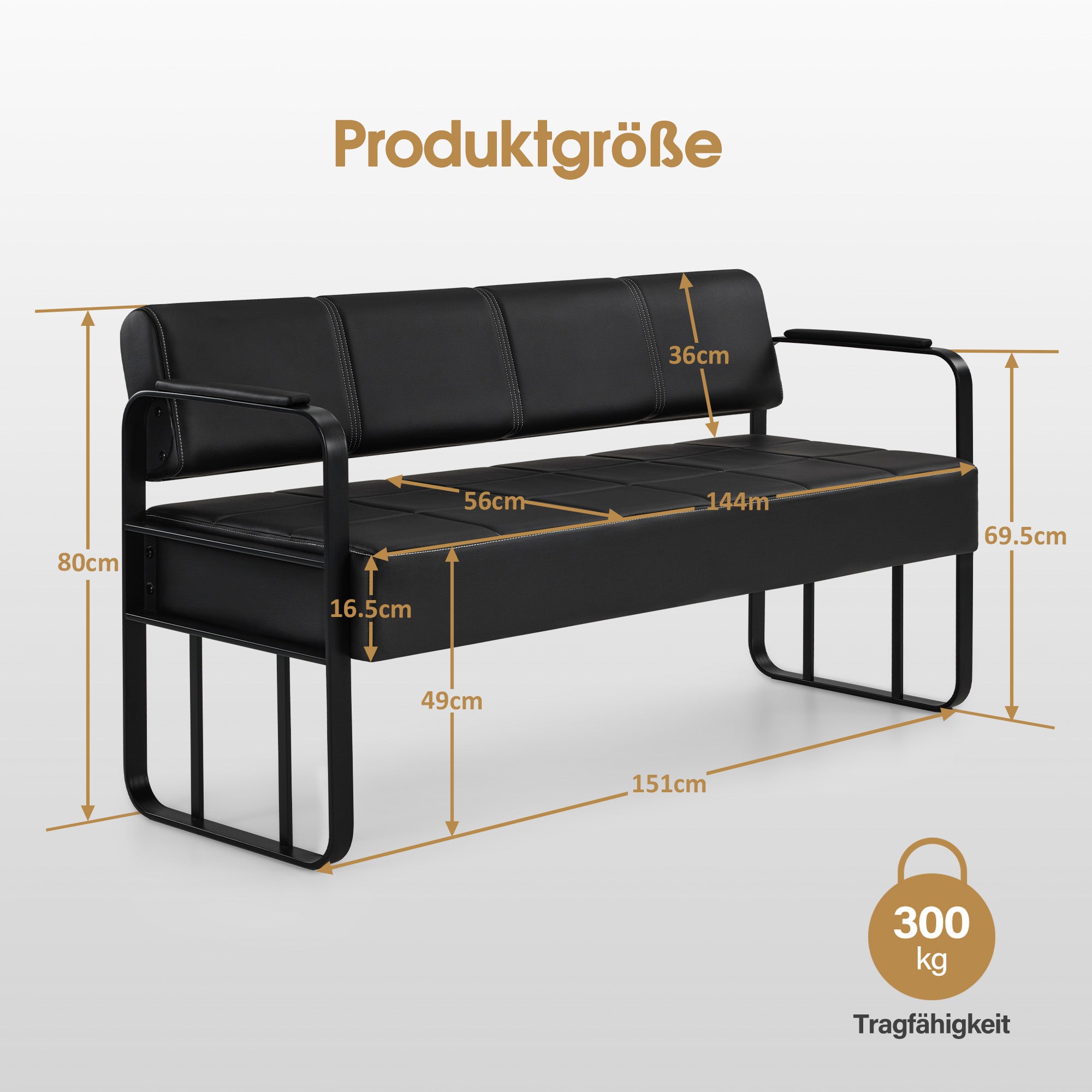 Banc 3 places MCombo avec accoudoirs dorés, banc rembourré avec dossier 140cm, banc d'attente coiffeur, banc de salon, meuble de coiffure L528 (noir-or/simili cuir)