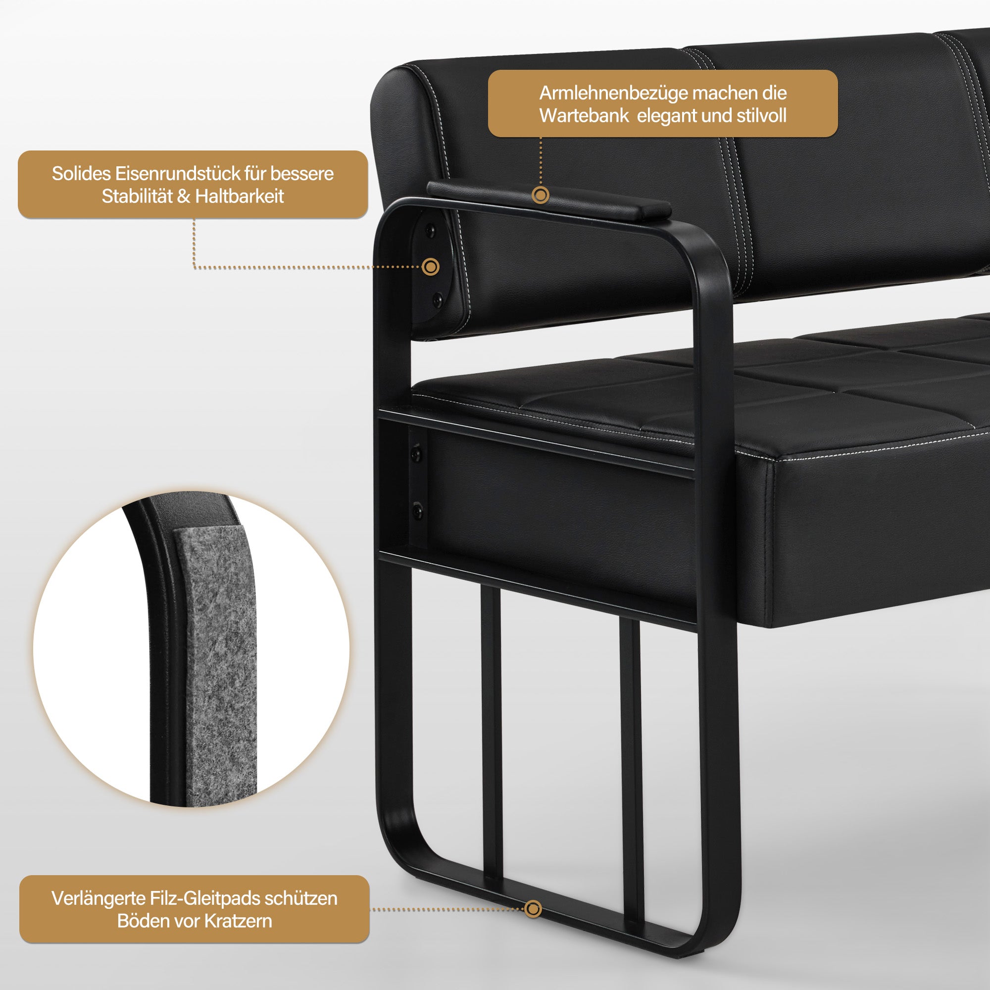 Banc 3 places MCombo avec accoudoirs dorés, banc rembourré avec dossier 140cm, banc d'attente coiffeur, banc de salon, meuble de coiffure L528 (noir-or/simili cuir)