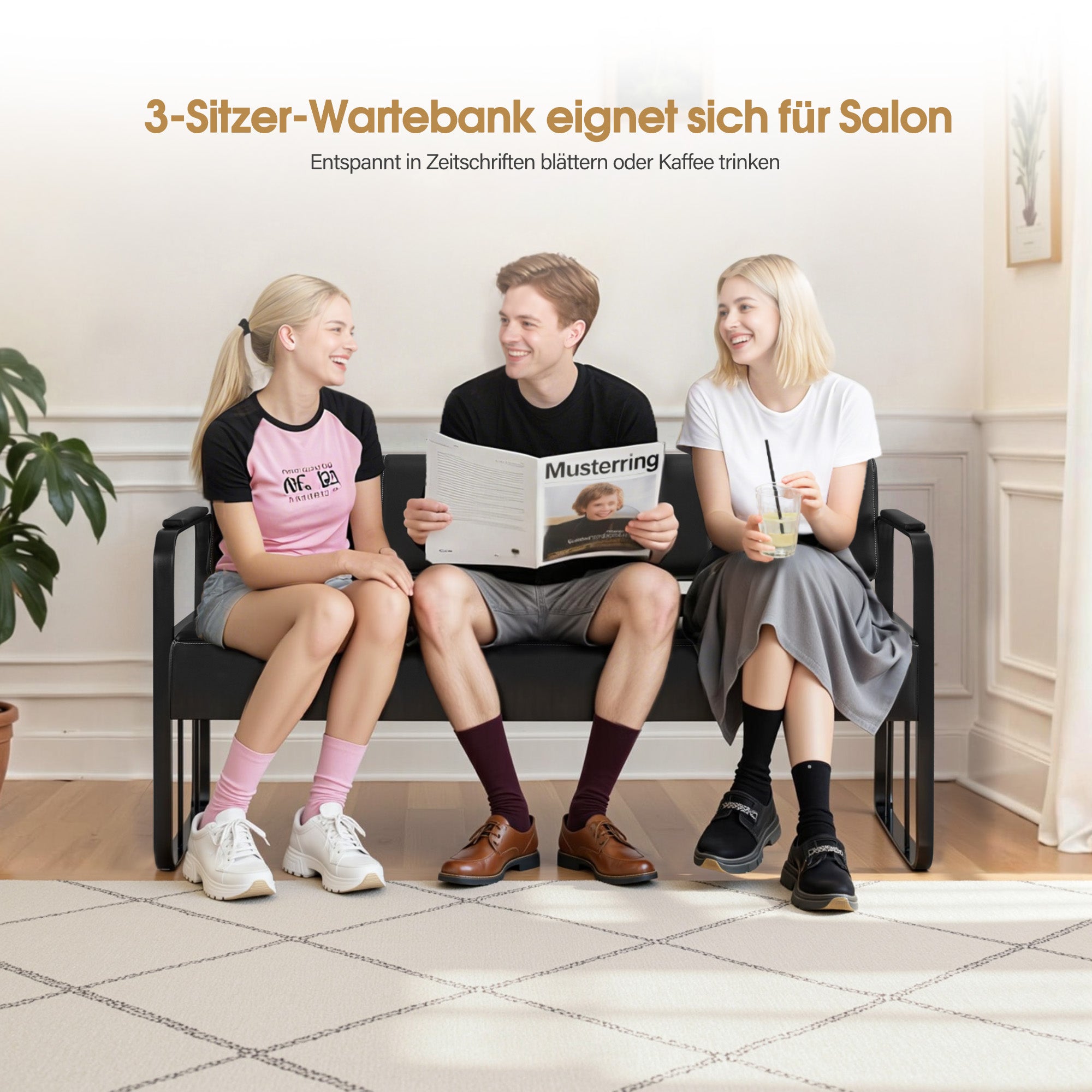 Banc 3 places MCombo avec accoudoirs dorés, banc rembourré avec dossier 140cm, banc d'attente coiffeur, banc de salon, meuble de coiffure L528 (noir-or/simili cuir)