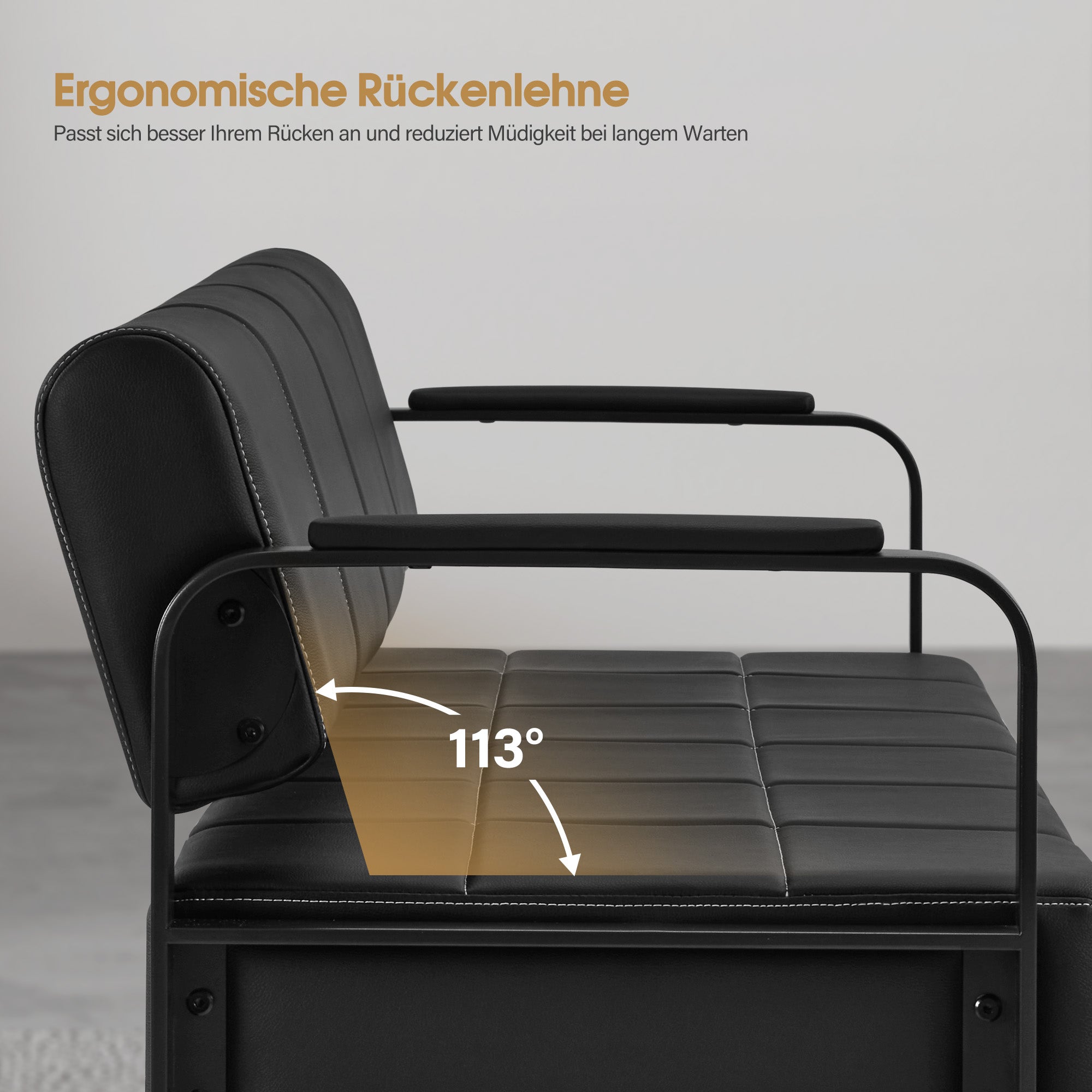 Banc 3 places MCombo avec accoudoirs dorés, banc rembourré avec dossier 140cm, banc d'attente coiffeur, banc de salon, meuble de coiffure L528 (noir-or/simili cuir)