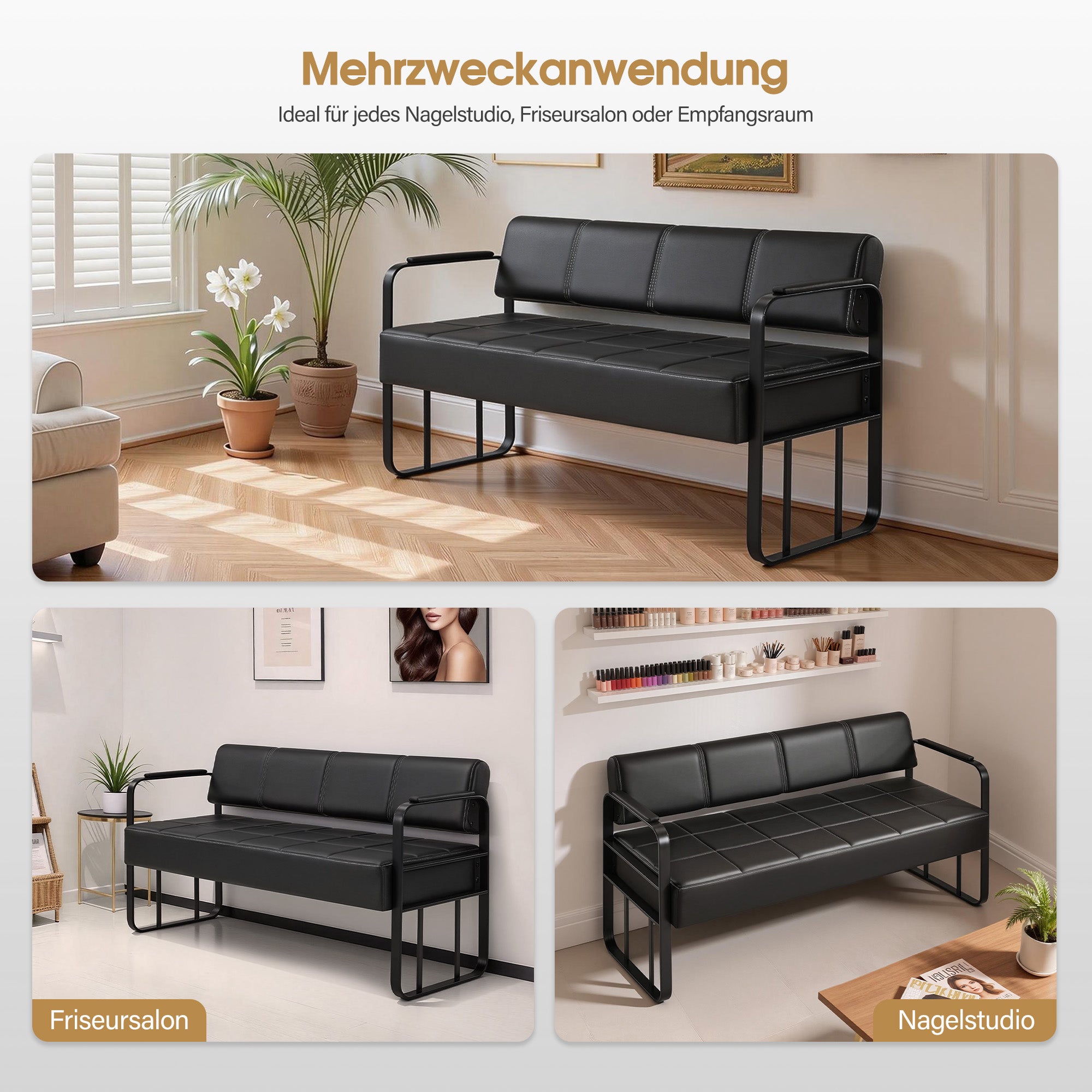 Banc 3 places MCombo avec accoudoirs dorés, banc rembourré avec dossier 140cm, banc d'attente coiffeur, banc de salon, meuble de coiffure L528 (noir-or/simili cuir)