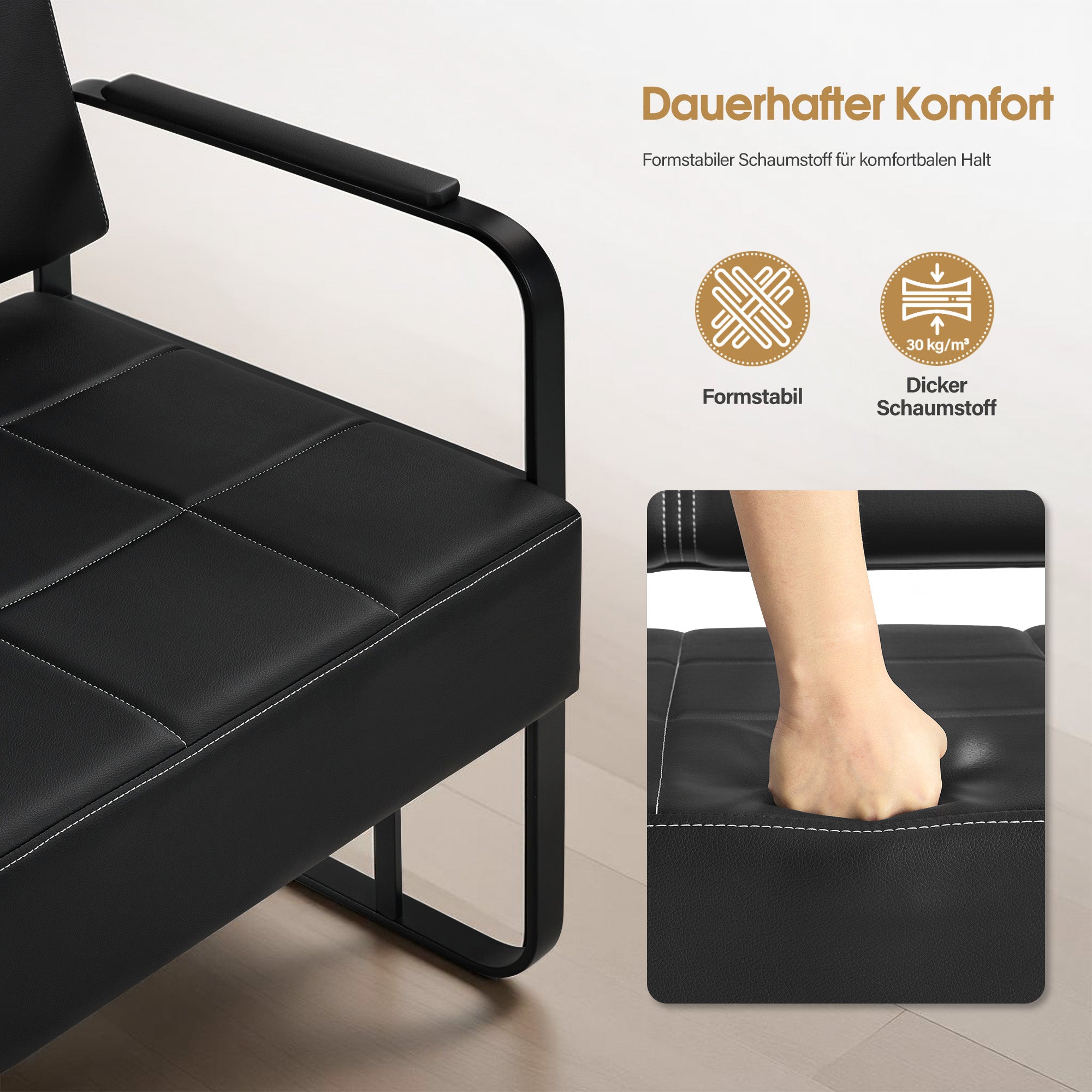 Banc 3 places MCombo avec accoudoirs dorés, banc rembourré avec dossier 140cm, banc d'attente coiffeur, banc de salon, meuble de coiffure L528 (noir-or/simili cuir)