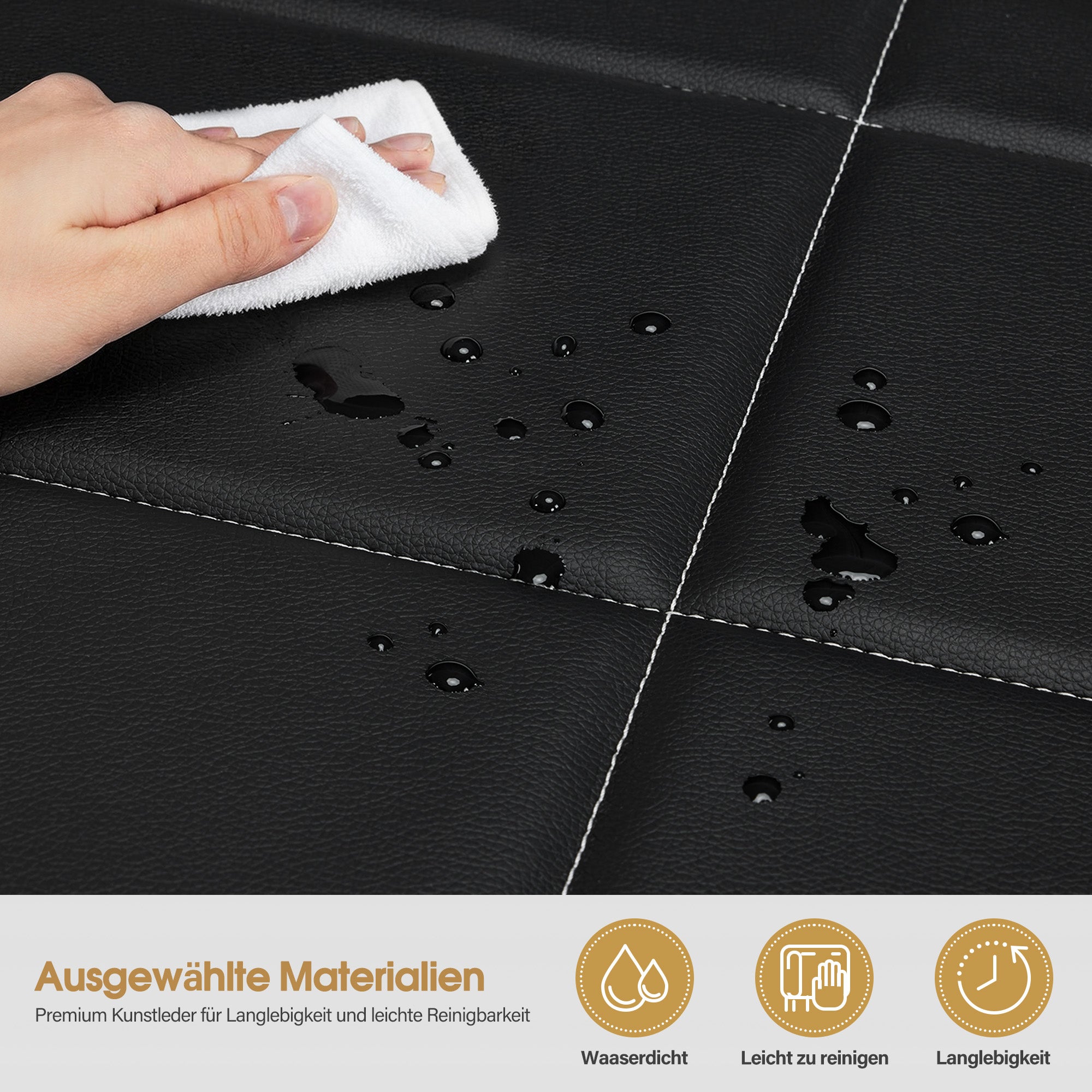 Banc 3 places MCombo avec accoudoirs dorés, banc rembourré avec dossier 140cm, banc d'attente coiffeur, banc de salon, meuble de coiffure L528 (noir-or/simili cuir)