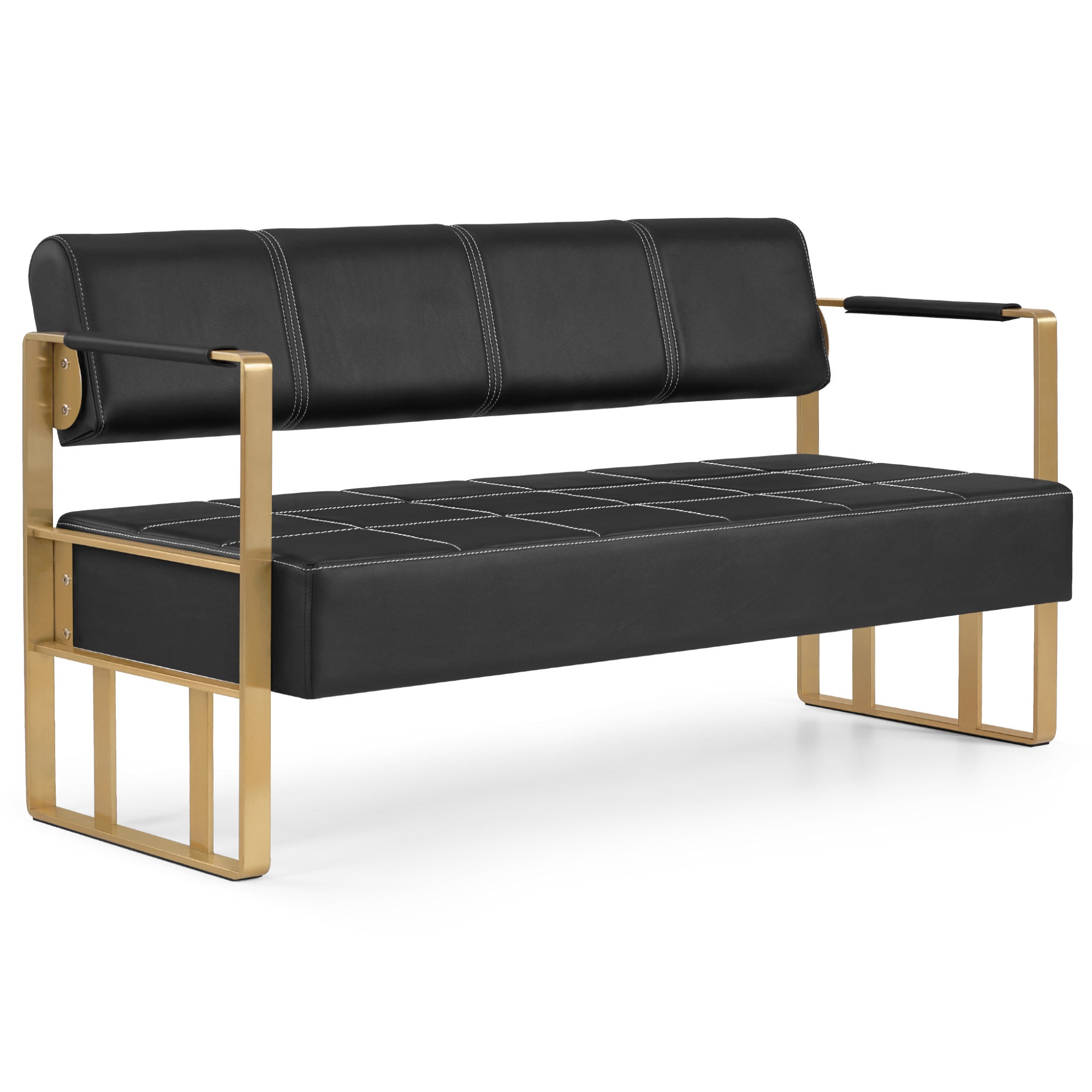 MCombo 3-seater bench with golden armrests, upholstered bench with backrest 140cm, waiting bench hairdresser, living room bench, hairdressing furniture W528 (black-gold/faux leather)