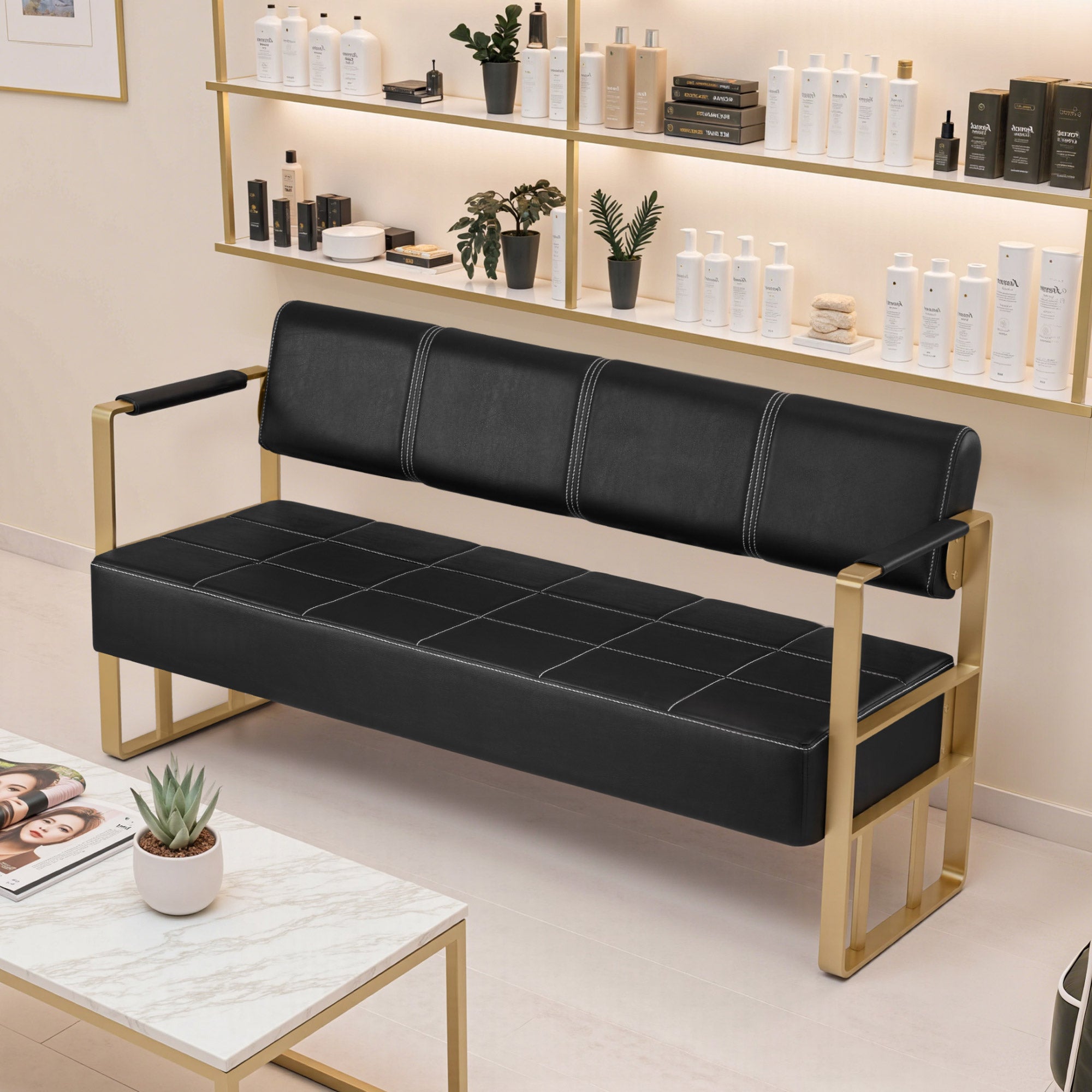 MCombo 3-seater bench with golden armrests, upholstered bench with backrest 140cm, waiting bench hairdresser, living room bench, hairdressing furniture W528 (black-gold/faux leather)