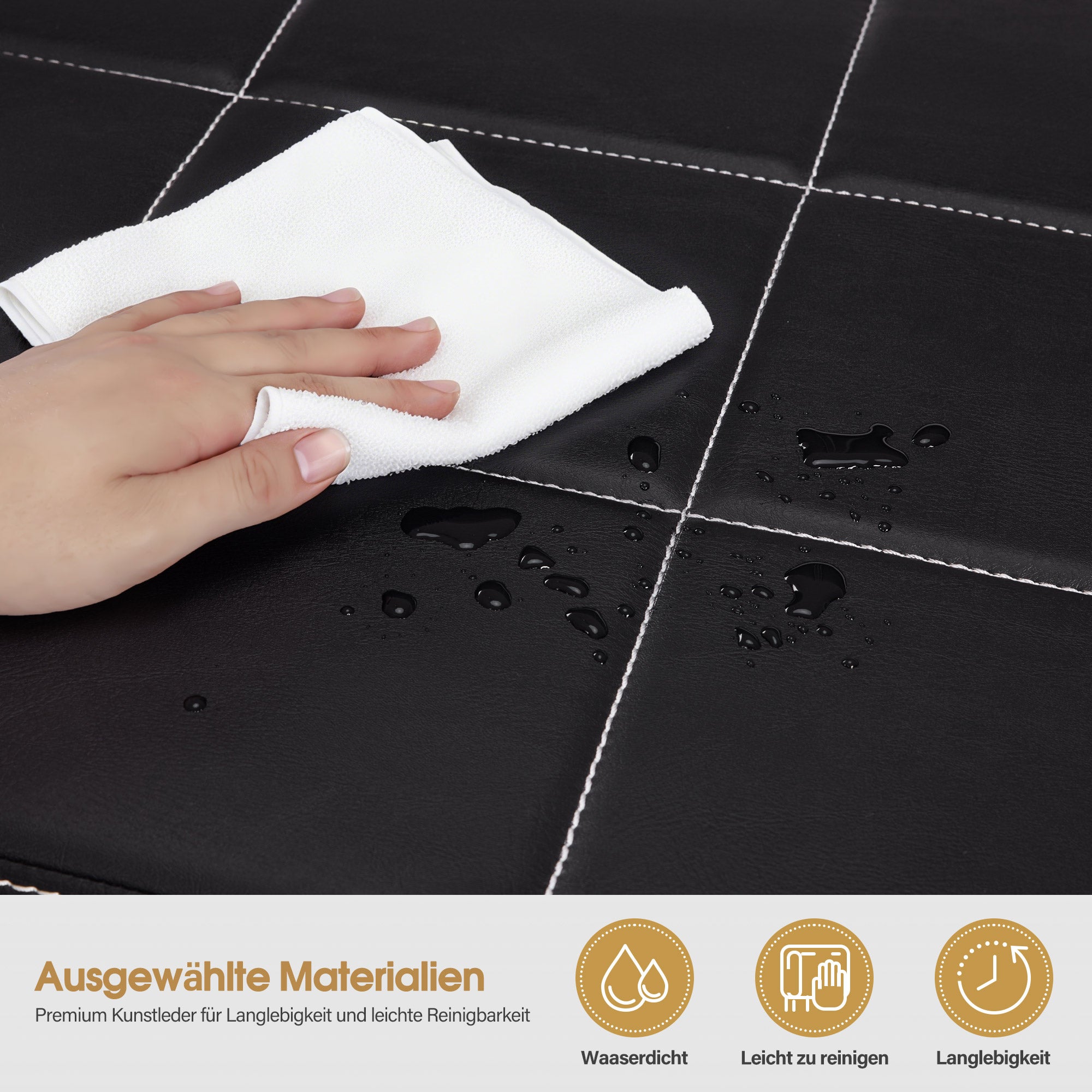 MCombo 3-seater bench with golden armrests, upholstered bench with backrest 140cm, waiting bench hairdresser, living room bench, hairdressing furniture W528 (black-gold/faux leather)