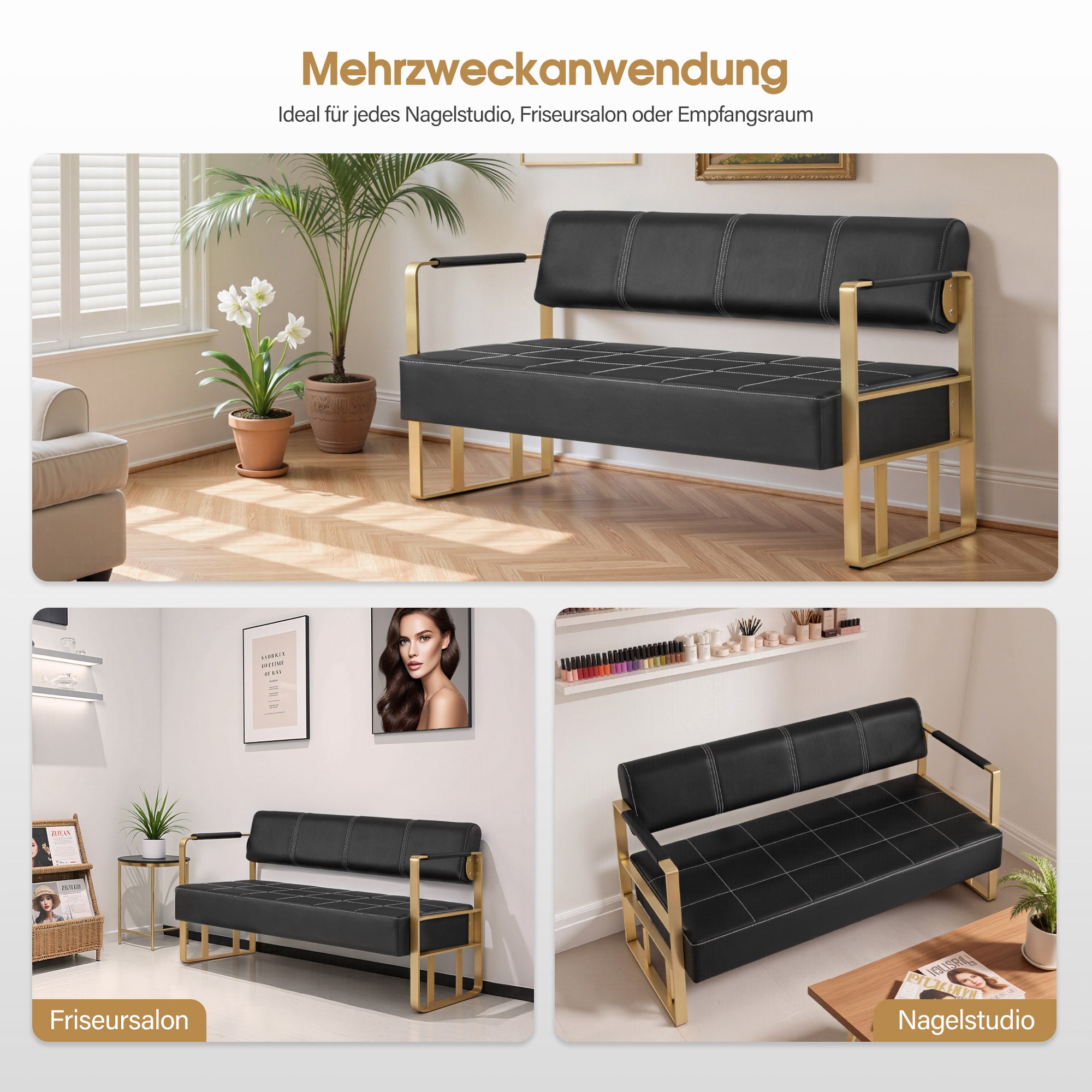 MCombo 3-seater bench with golden armrests, upholstered bench with backrest 140cm, waiting bench hairdresser, living room bench, hairdressing furniture W528 (black-gold/faux leather)