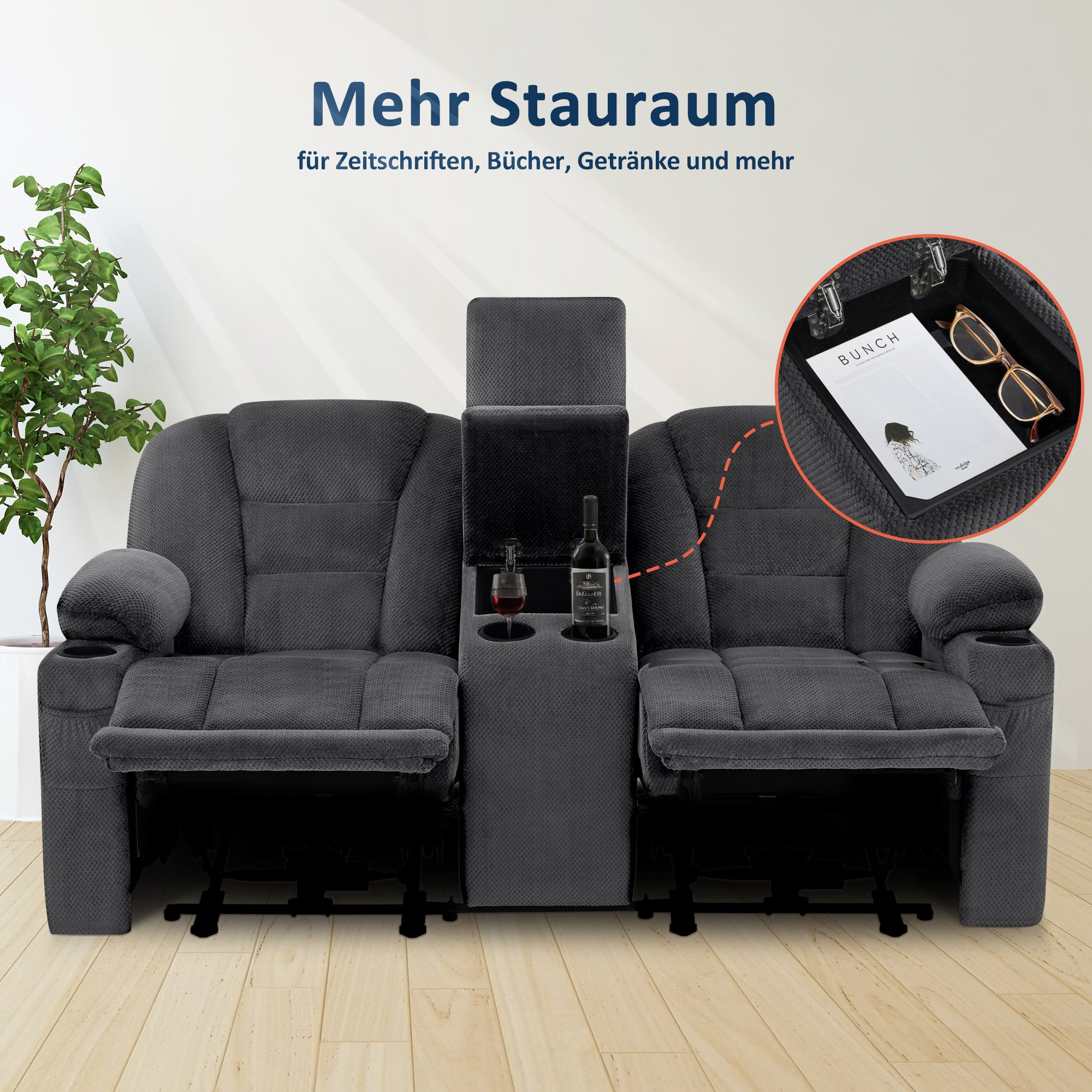 M MCombo Electric Sofa with Sleeping Function, 2/3 Seater Reclining Sofa with Button, 150° Adjustable, Cinema Chair with Reclining Function, USB & Cup Holder, 7009 (Grey)