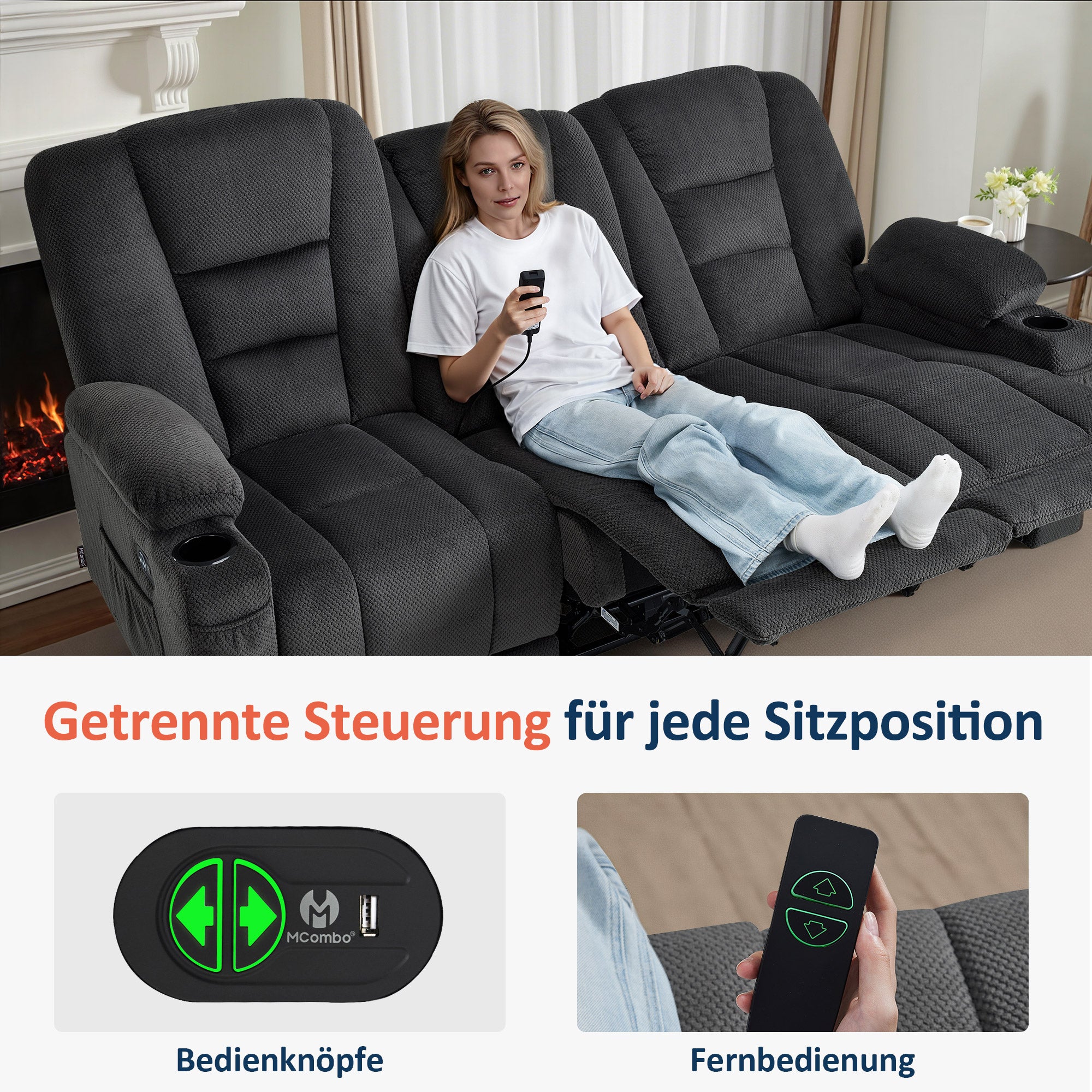 M MCombo Electric Sofa with Sleeping Function, 2/3 Seater Reclining Sofa with Button, 150° Adjustable, Cinema Chair with Reclining Function, USB & Cup Holder, 7009 (Grey)