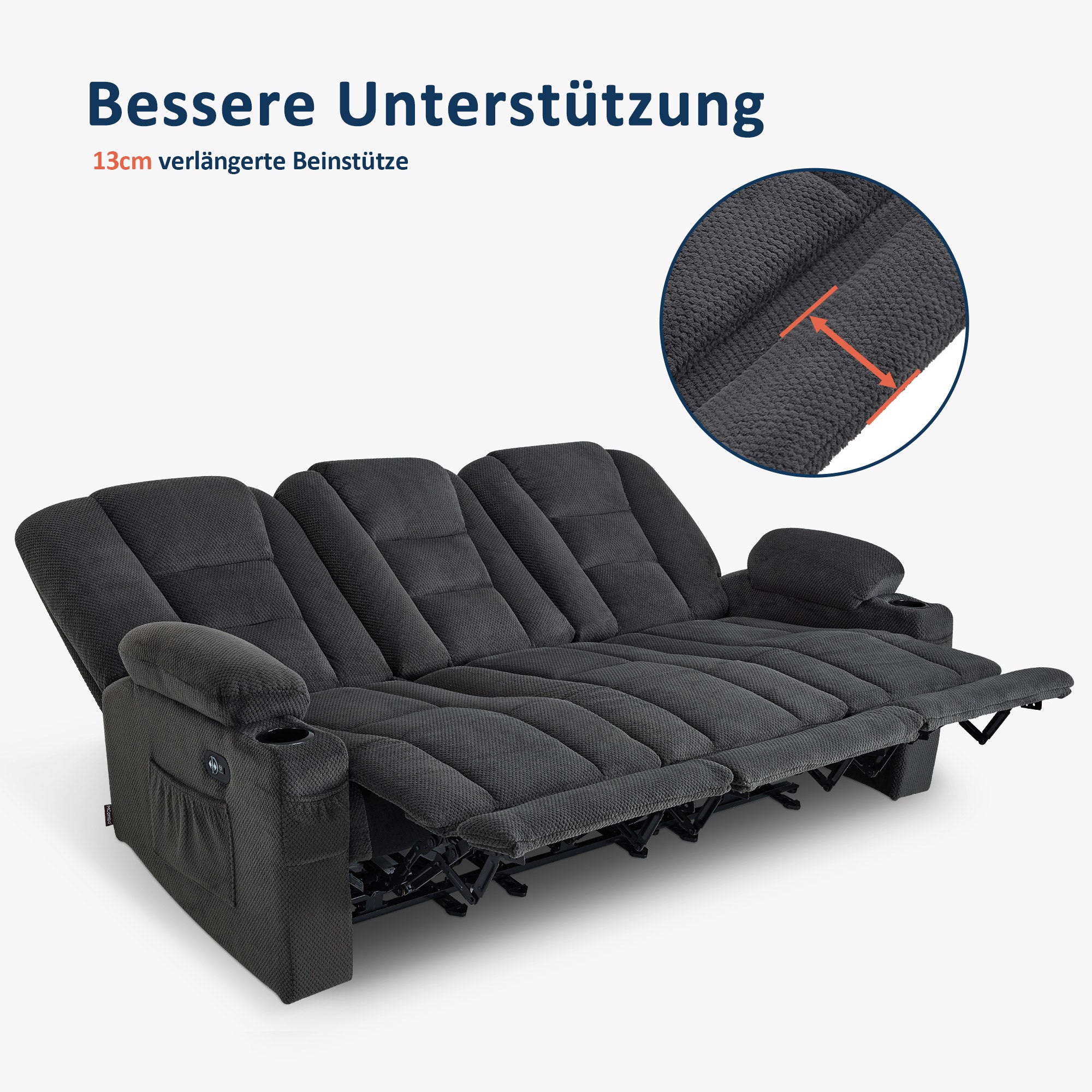 M MCombo Electric Sofa with Sleeping Function, 2/3 Seater Reclining Sofa with Button, 150° Adjustable, Cinema Chair with Reclining Function, USB & Cup Holder, 7009 (Grey)