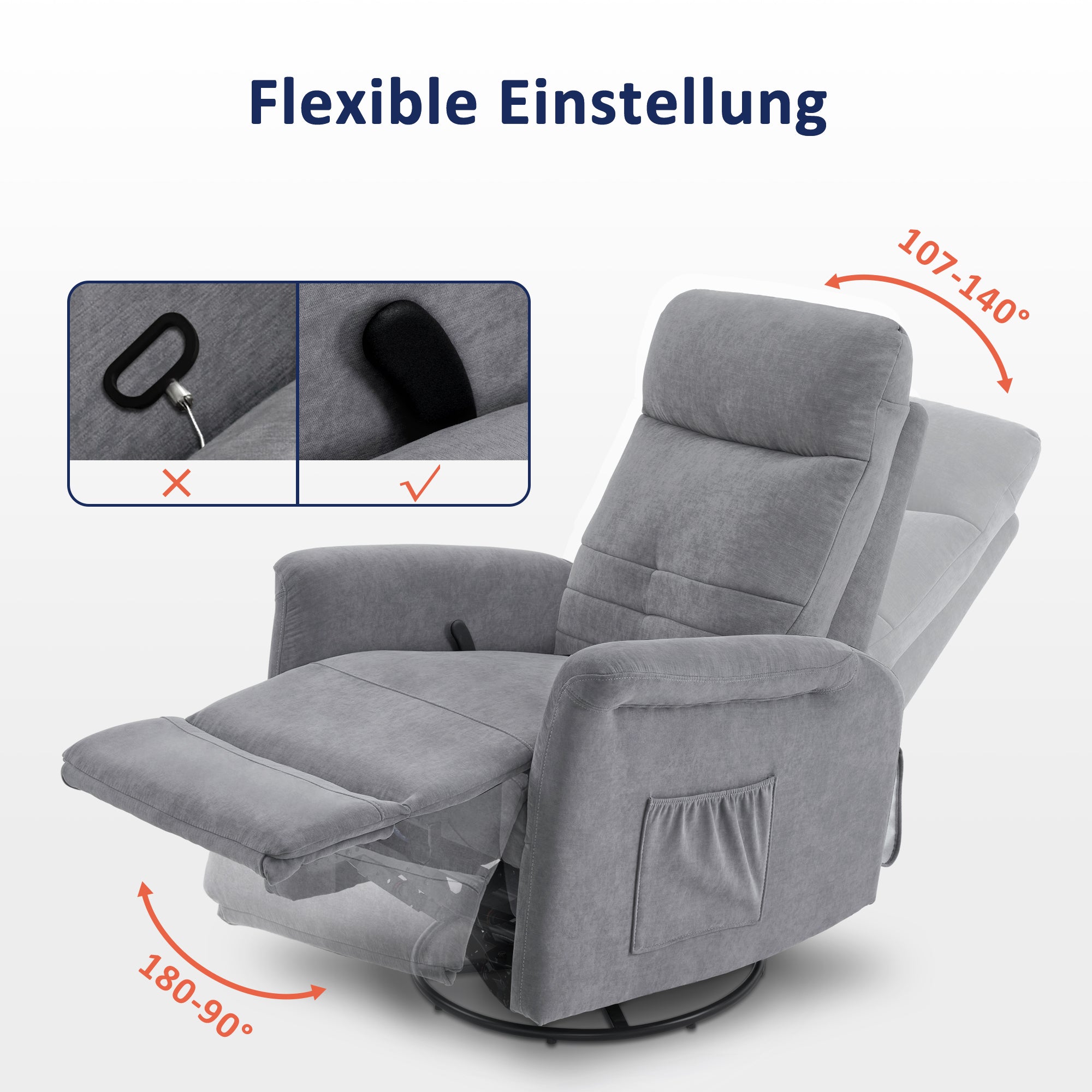 M MCombo Relaxsessel Fernsehsessel mit Liegefunktion Manuell, TV Sessel mit Wippfunktion & Drehfunktion, 360° Drehbar, Wohnzimmer, Schlafzimmer, 7011
