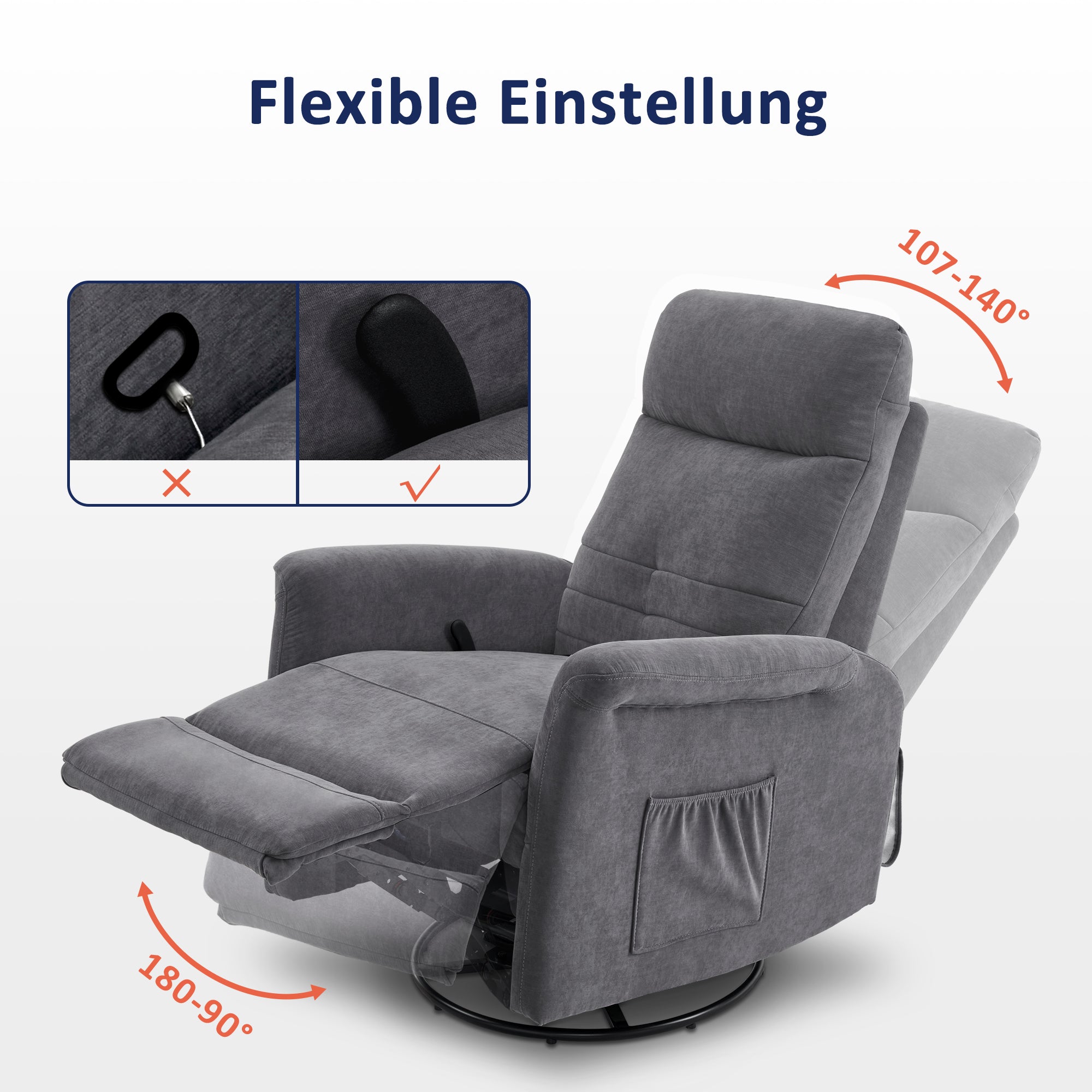M MCombo Relaxsessel Fernsehsessel mit Liegefunktion Manuell, Massagesessel mit Wärmefunktion, TV Sessel mit Wippfunktion & Drehfunktion, 270° Drehbar, Wohnzimmer Schlafzimmer, 7013