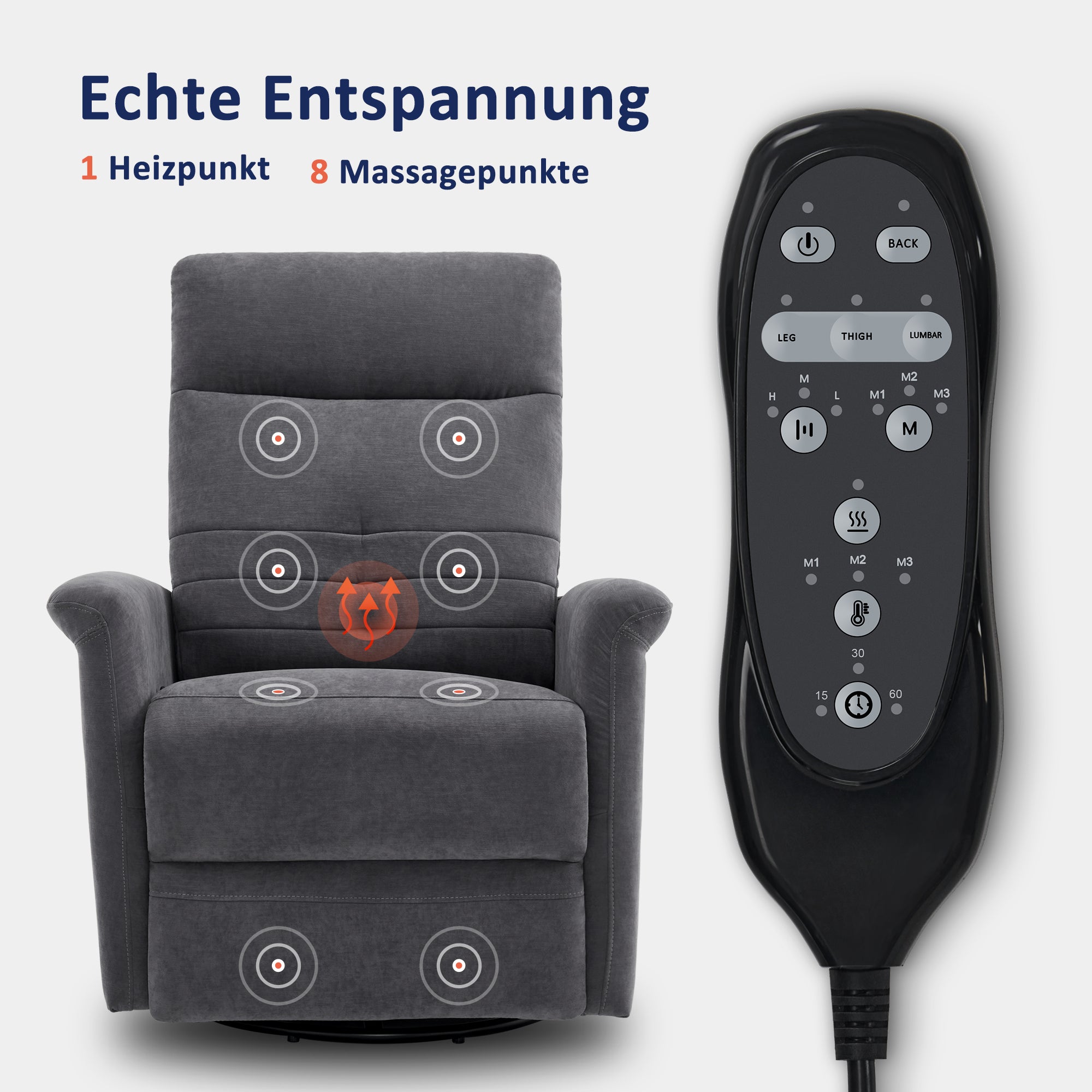 M MCombo Relaxsessel Fernsehsessel mit Liegefunktion Manuell, Massagesessel mit Wärmefunktion, TV Sessel mit Wippfunktion & Drehfunktion, 270° Drehbar, Wohnzimmer Schlafzimmer, 7013