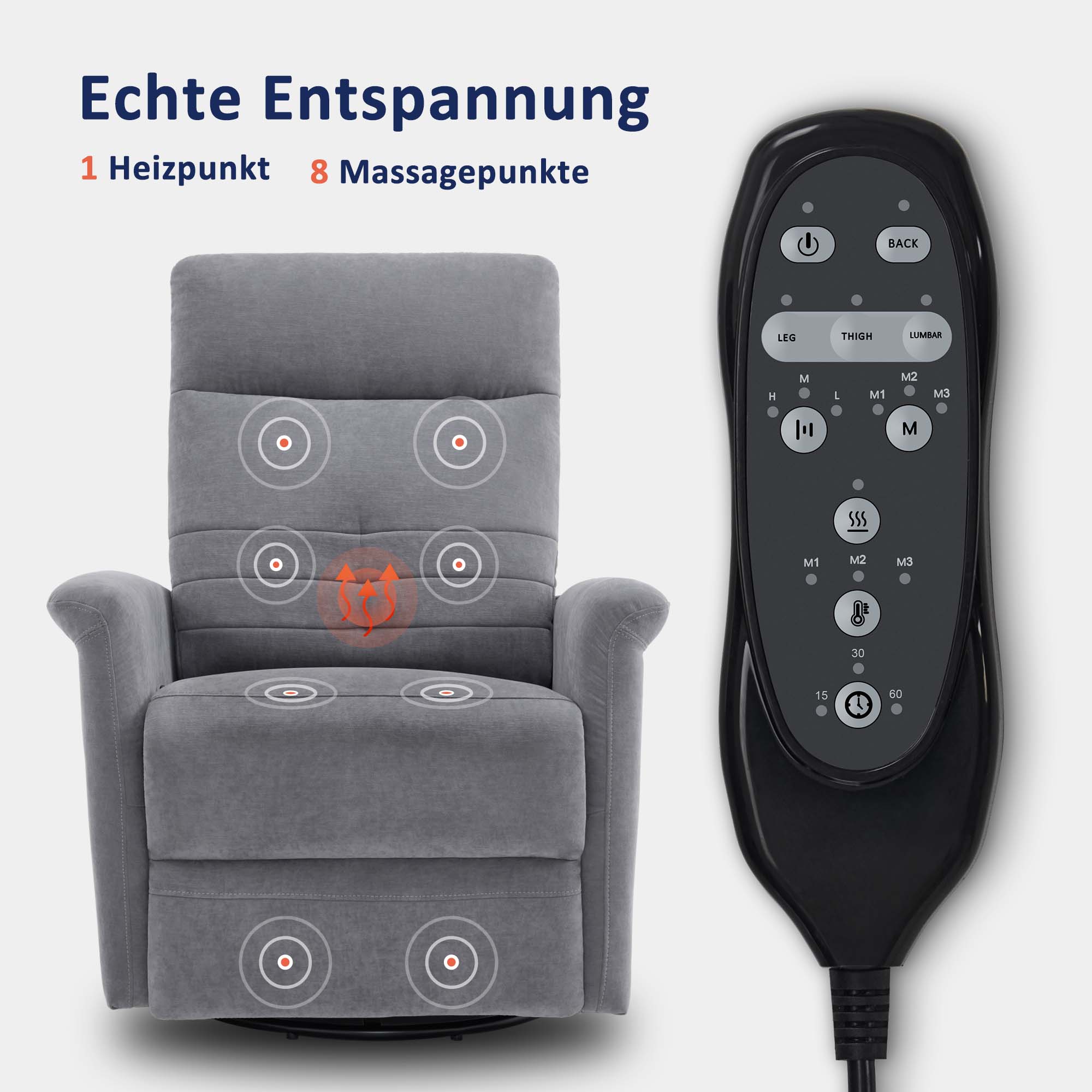 M MCombo Relaxsessel Fernsehsessel mit Liegefunktion Manuell, Massagesessel mit Wärmefunktion, TV Sessel mit Wippfunktion & Drehfunktion, 270° Drehbar, Wohnzimmer Schlafzimmer, 7013
