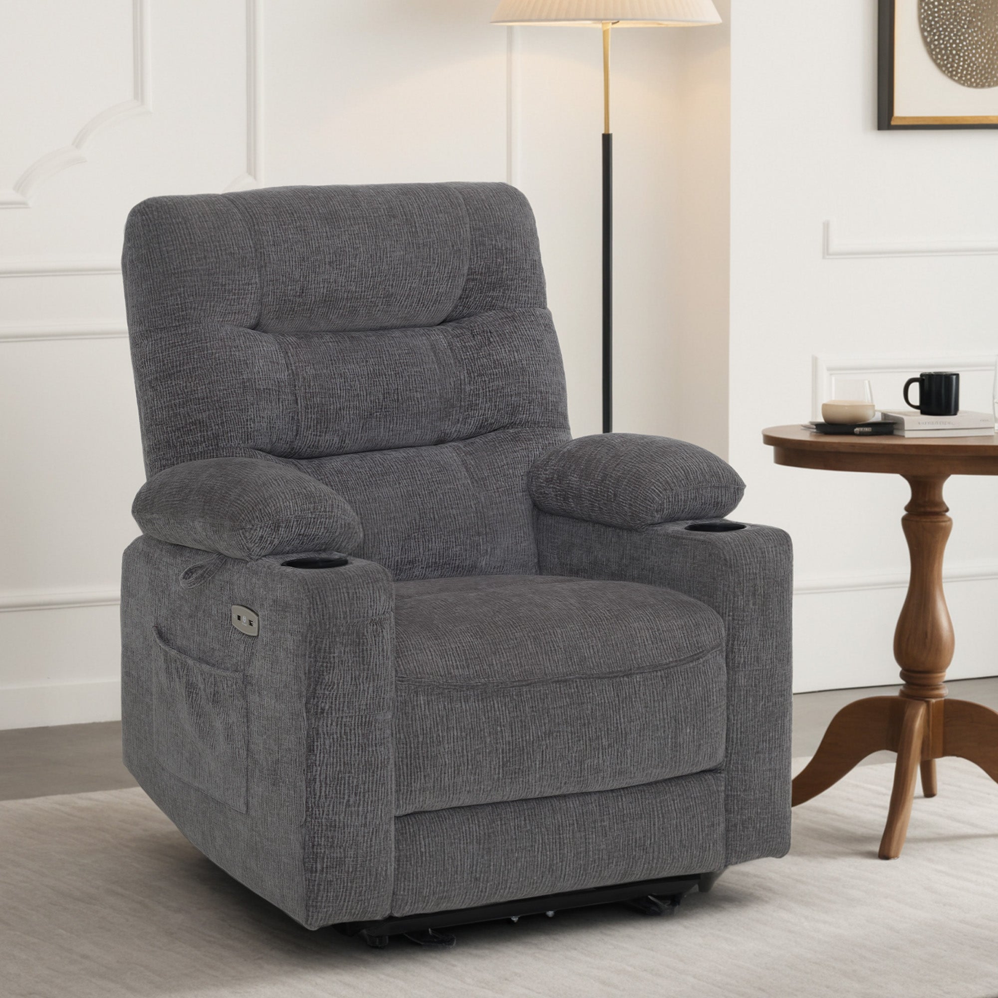 M MCombo recliner chair with reclining function, electrically adjustable TV chair, TV armchair, recliner chair, breathable artificial leather, USB & cup holder, living room, brown 7033