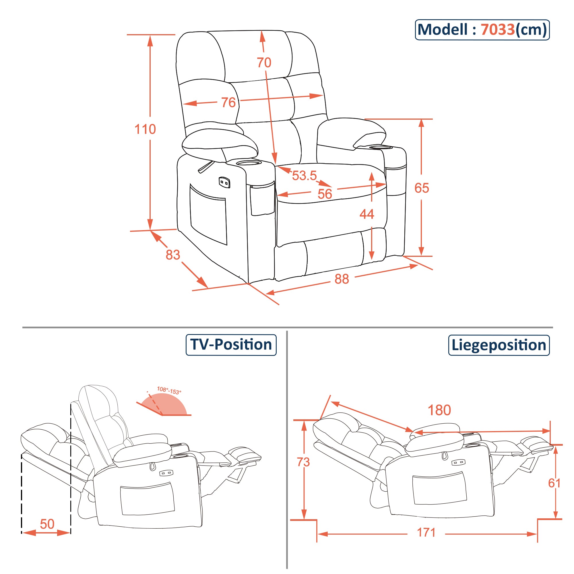 M MCombo recliner chair with reclining function, electrically adjustable TV chair, TV armchair, recliner chair, breathable artificial leather, USB & cup holder, living room, brown 7033