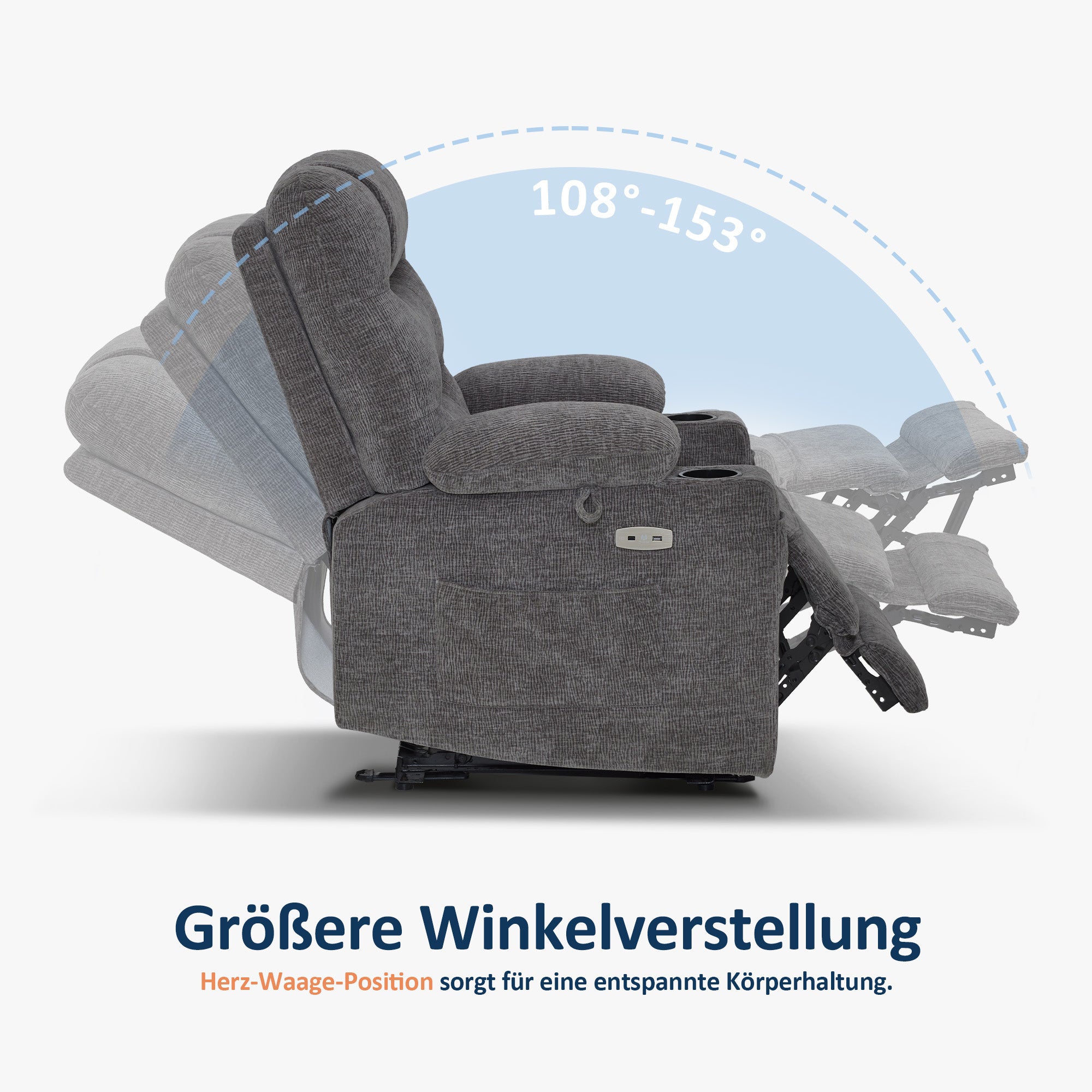 M MCombo recliner chair with reclining function, electrically adjustable TV chair, TV armchair, recliner chair, breathable artificial leather, USB & cup holder, living room, brown 7033