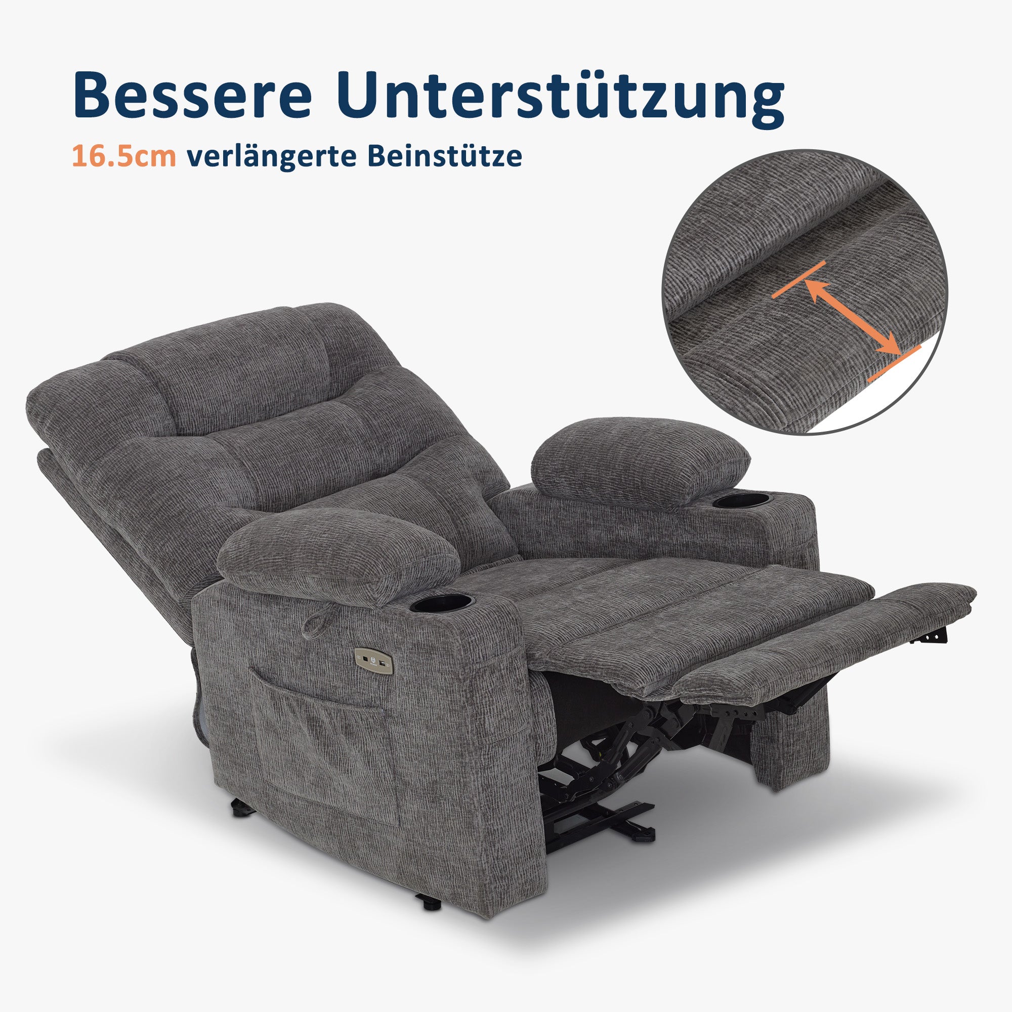 M MCombo recliner chair with reclining function, electrically adjustable TV chair, TV armchair, recliner chair, breathable artificial leather, USB & cup holder, living room, brown 7033