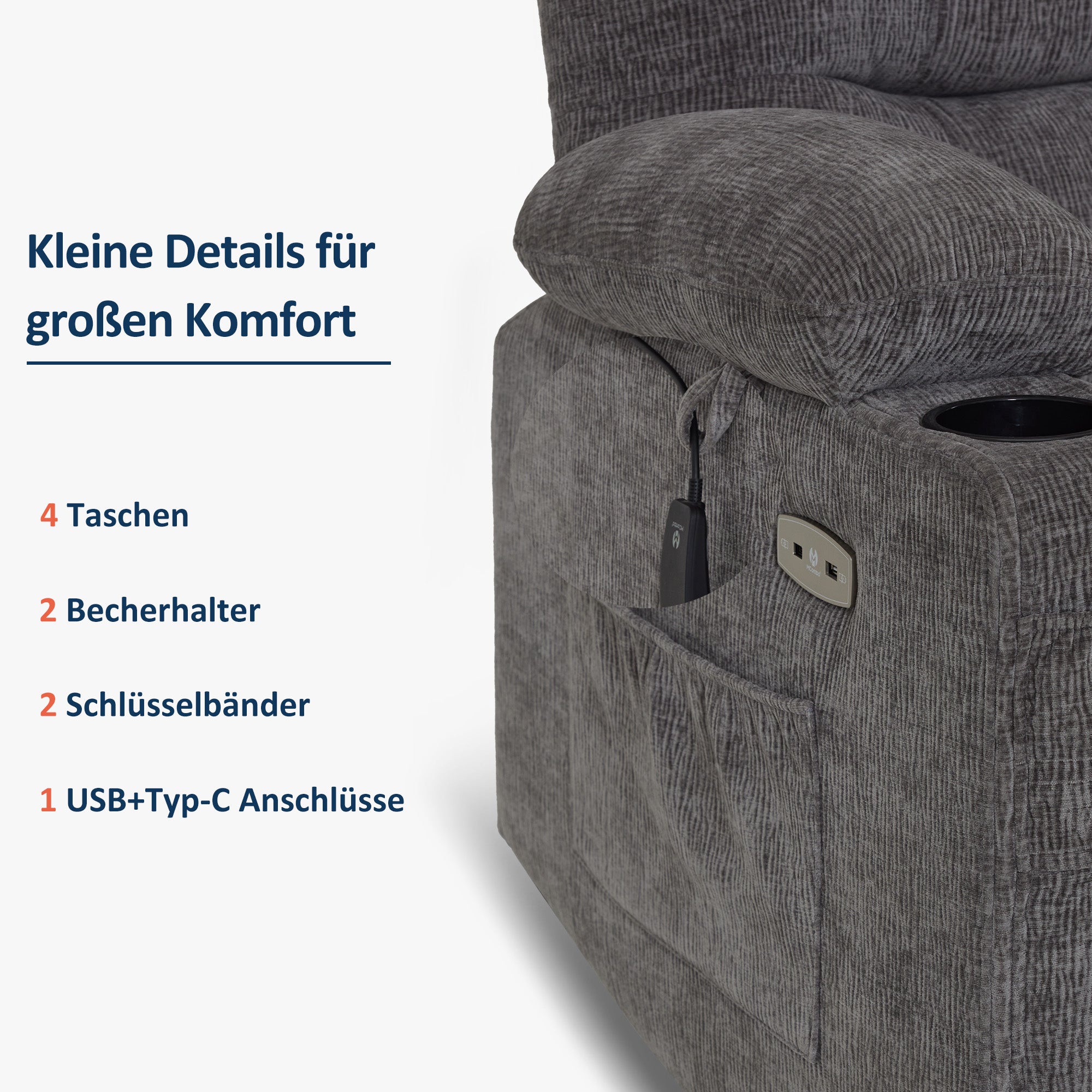 M MCombo recliner chair with reclining function, electrically adjustable TV chair, TV armchair, recliner chair, breathable artificial leather, USB & cup holder, living room, brown 7033