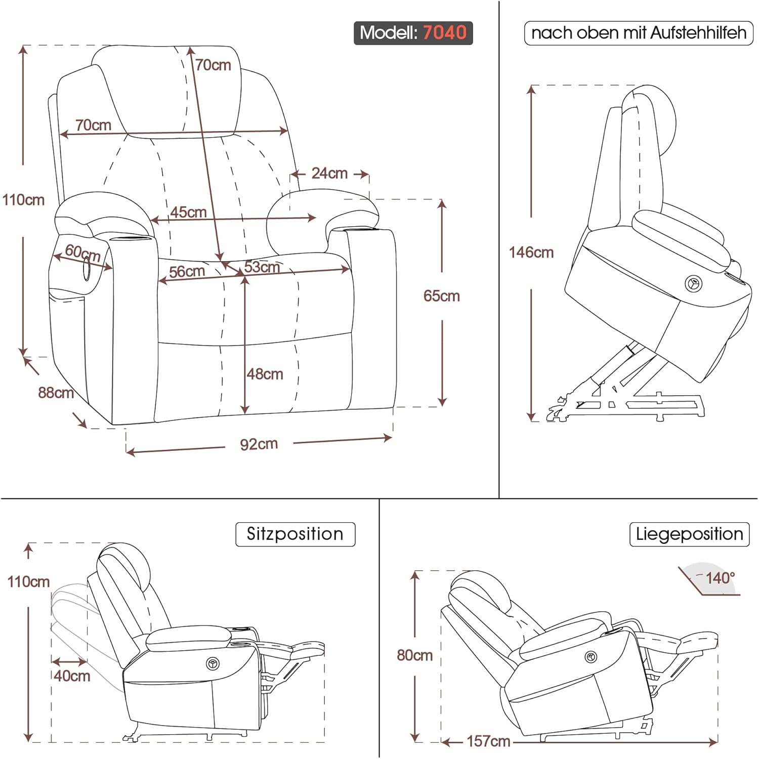 Fauteuil TV M MCombo avec rehausseur électrique, fauteuil inclinable avec fonction d'inclinaison jusqu'à 140°, fauteuil de massage avec fonction chauffante, bouton et télécommande réglables, avec USB, 7040