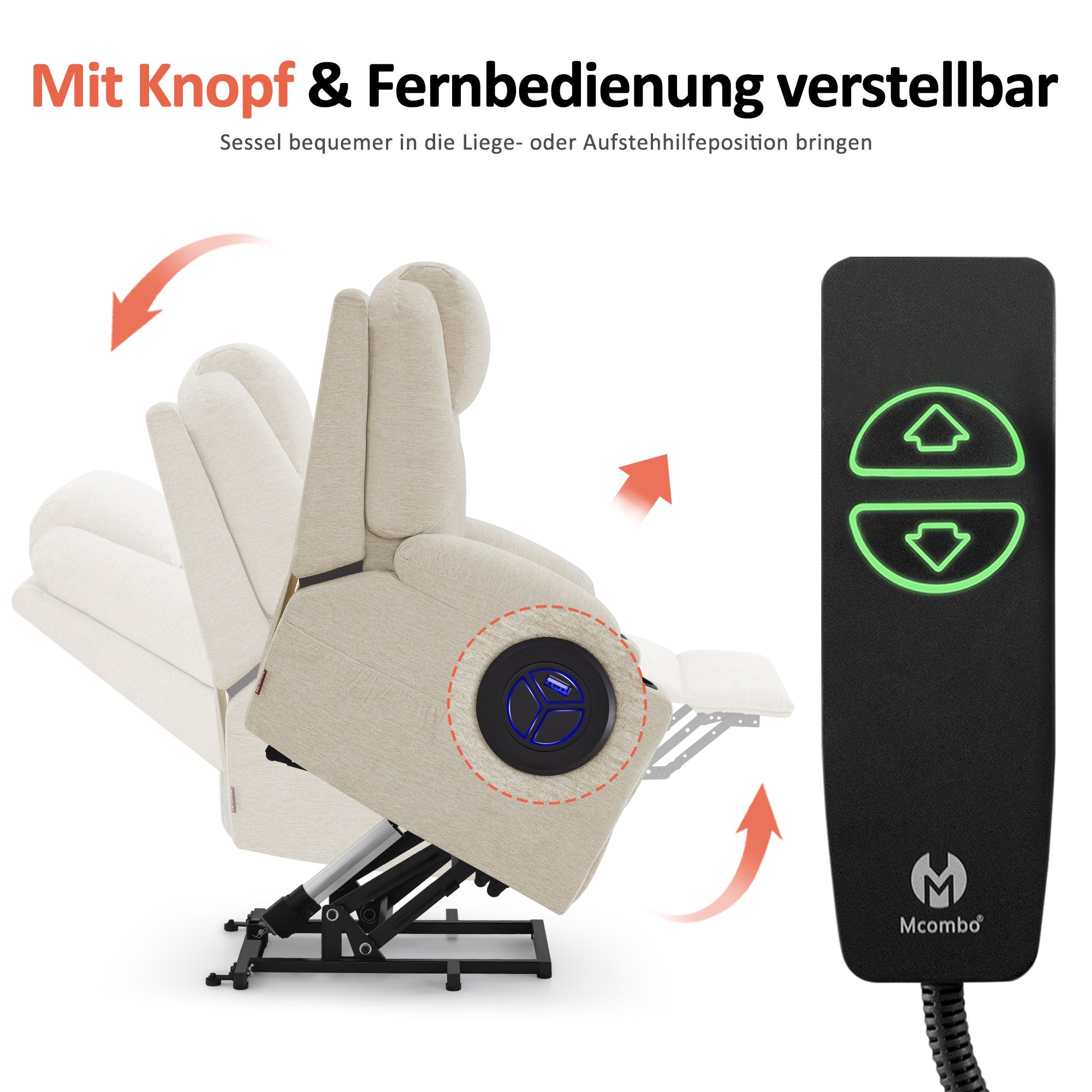 Fauteuil TV M MCombo avec rehausseur électrique, fauteuil inclinable avec fonction d'inclinaison jusqu'à 140°, fauteuil de massage avec fonction chauffante, bouton et télécommande réglables, avec USB, 7040
