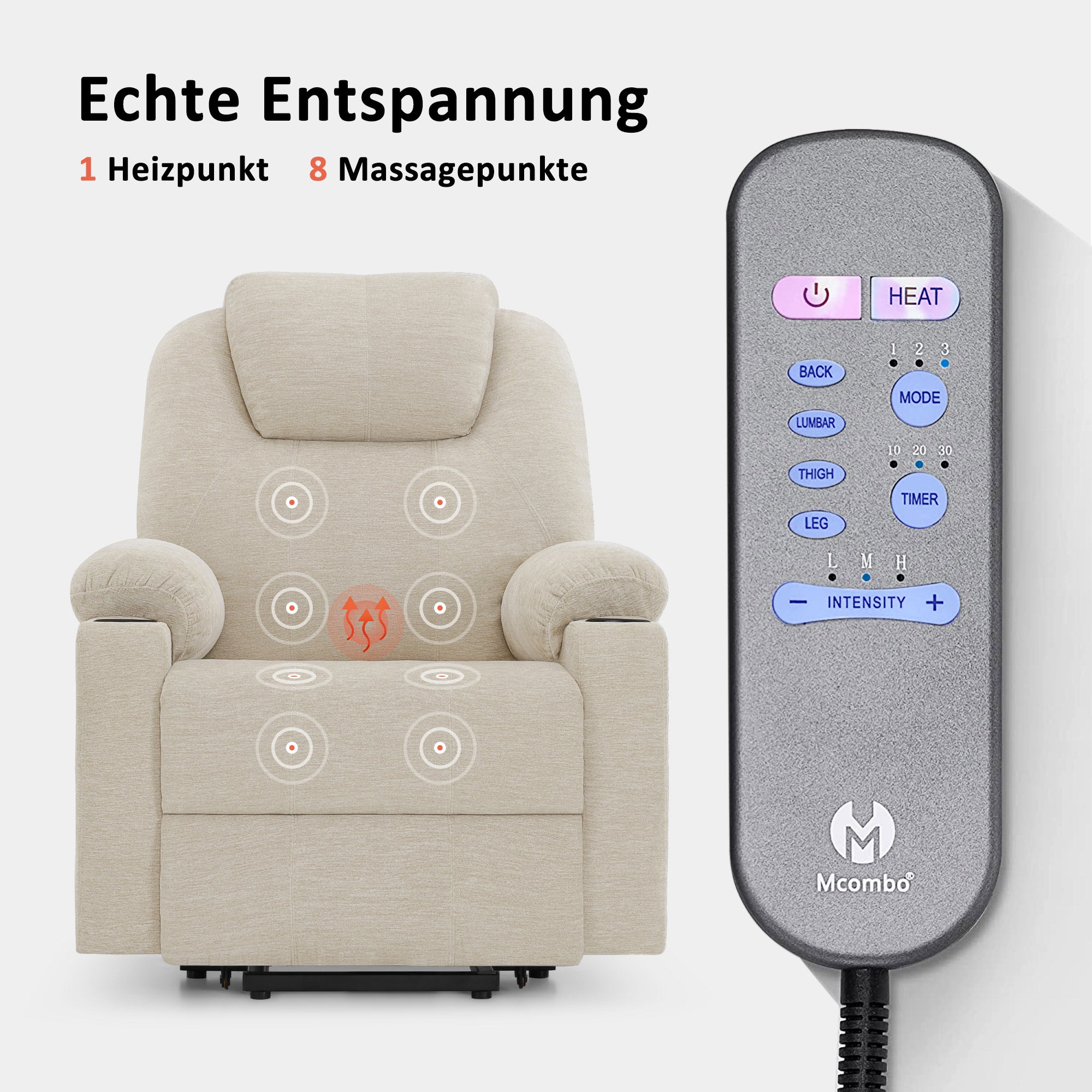 Fauteuil TV M MCombo avec rehausseur électrique, fauteuil inclinable avec fonction d'inclinaison jusqu'à 140°, fauteuil de massage avec fonction chauffante, bouton et télécommande réglables, avec USB, 7040