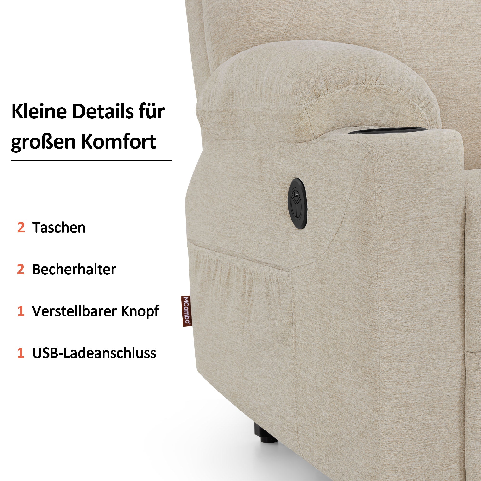 Fauteuil TV M MCombo avec rehausseur électrique, fauteuil inclinable avec fonction d'inclinaison jusqu'à 140°, fauteuil de massage avec fonction chauffante, bouton et télécommande réglables, avec USB, 7040